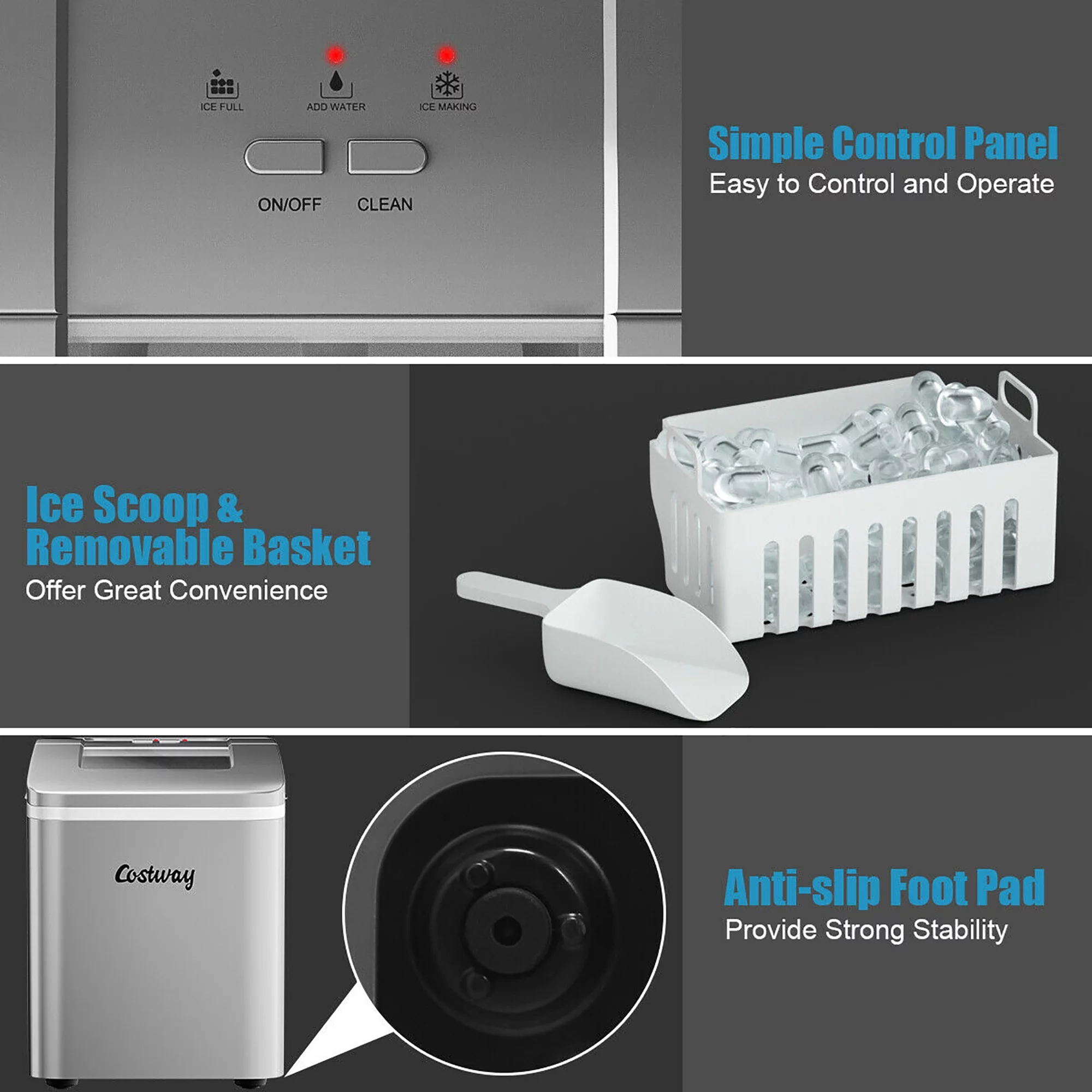 Costway Portable Ice Maker Machine Countertop 26Lbs/24H Self-cleaning w/ Scoop Silver