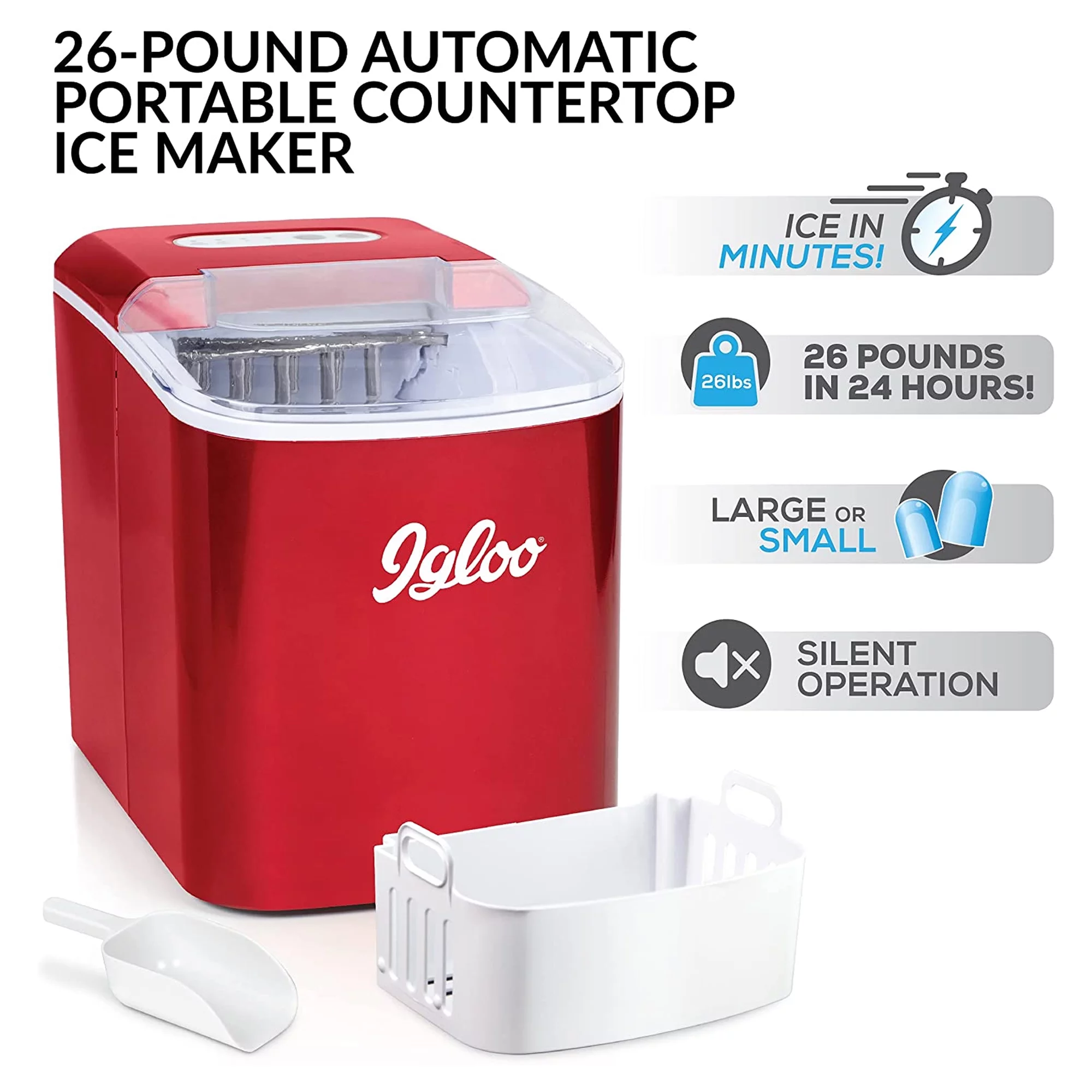 Igloo 26 lb. Countertop Icemaker ICEB26RR, Retro Red