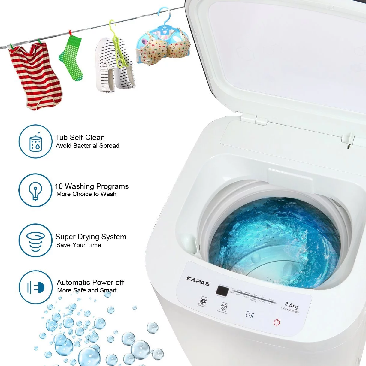Compact Washing Machine, KAPAS Fully Automatic 2-in-1 Washer & Dryer Machine with 8 lbs. Capacity Top Load Tub Washer in White