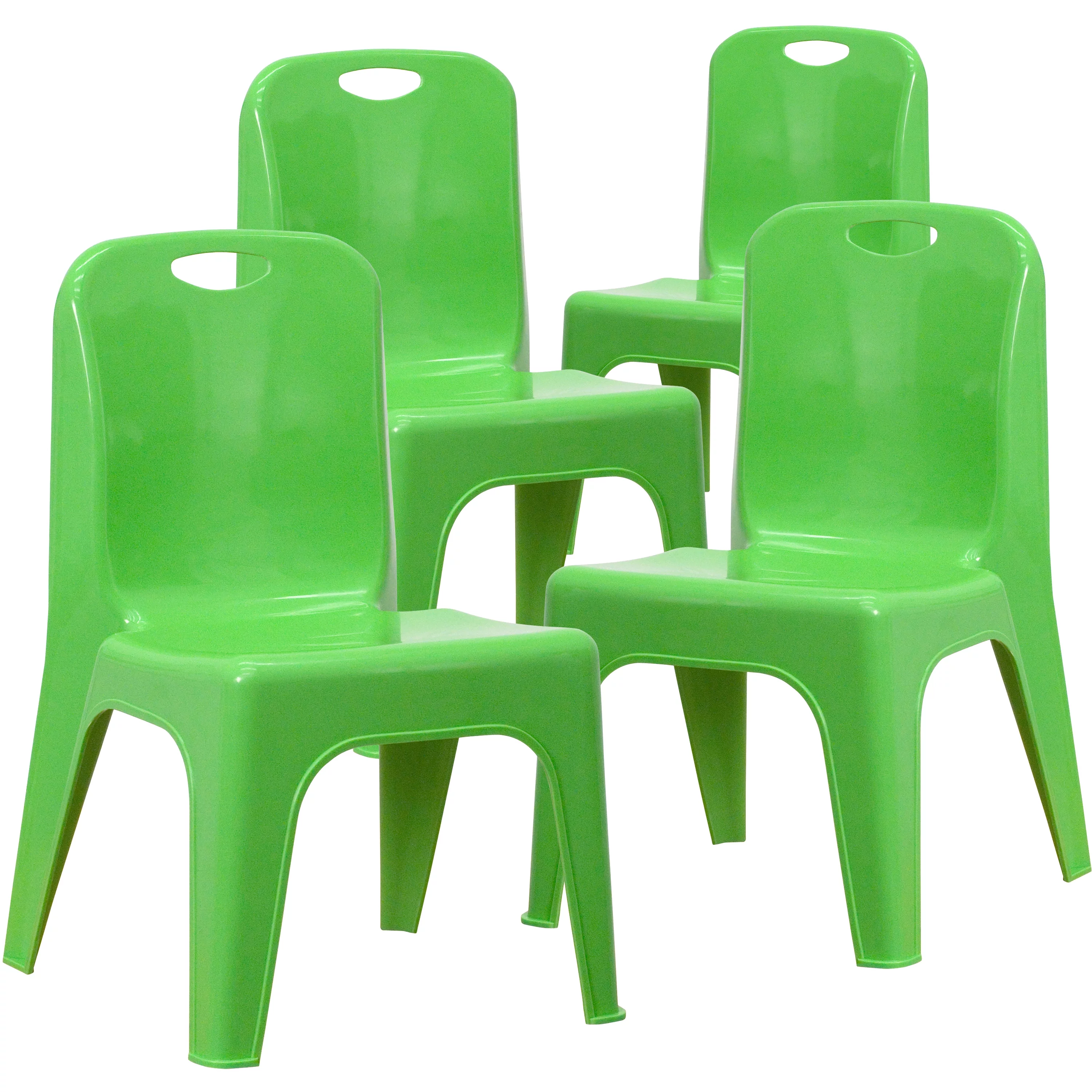BizChair 4 Pack Green Plastic Stackable School Chair with Carrying Handle and 11'' Seat Height