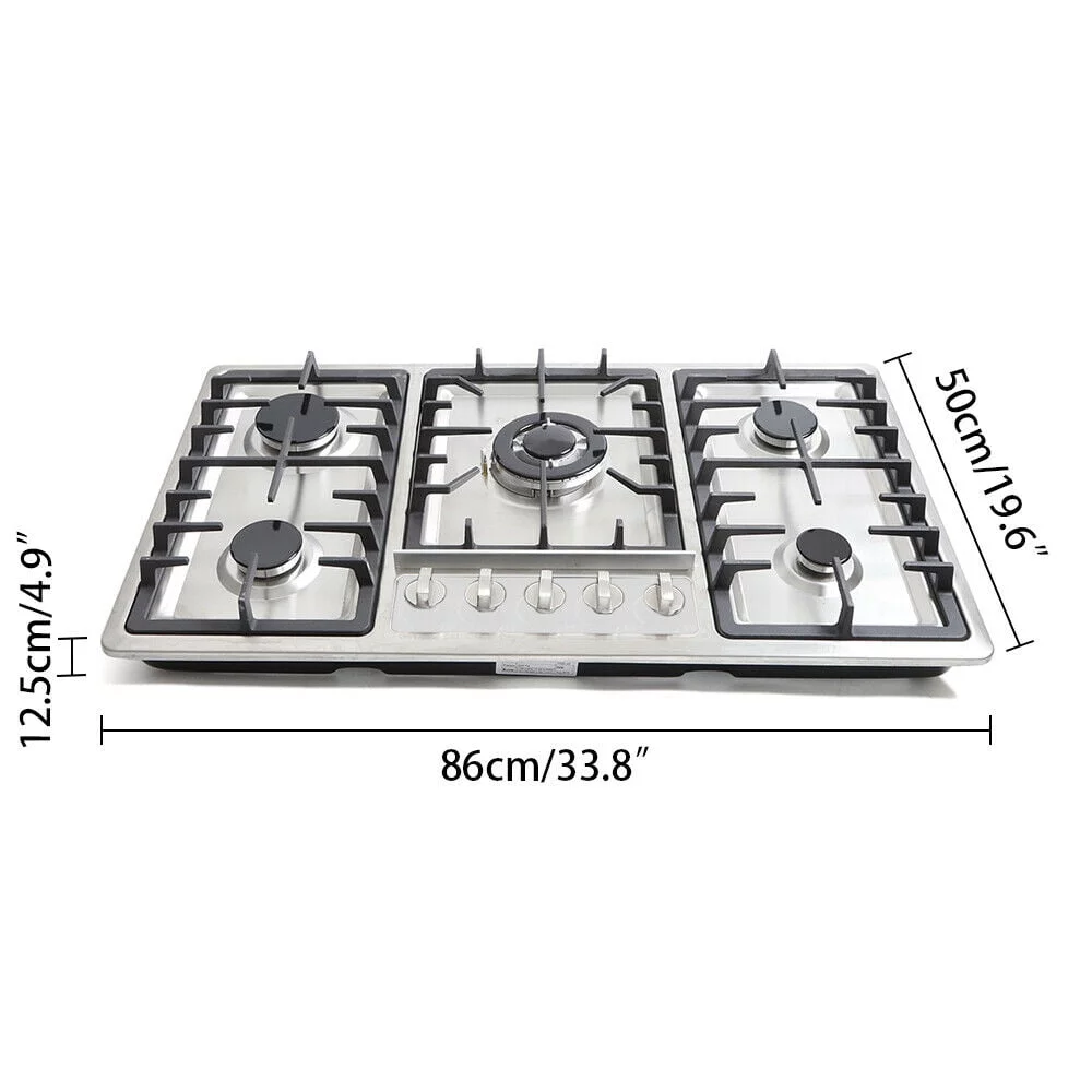 Kitchen Cooktop 34' Built-In Stove Top 5 Burners Gas Cooktop Kitchen NG Gas Cooking Easy Clean Stainless Steel 5 Burners Built-In Stove Cooktop Gas NG/LPG Hob Cooker Natural Gas Stove Kitchen