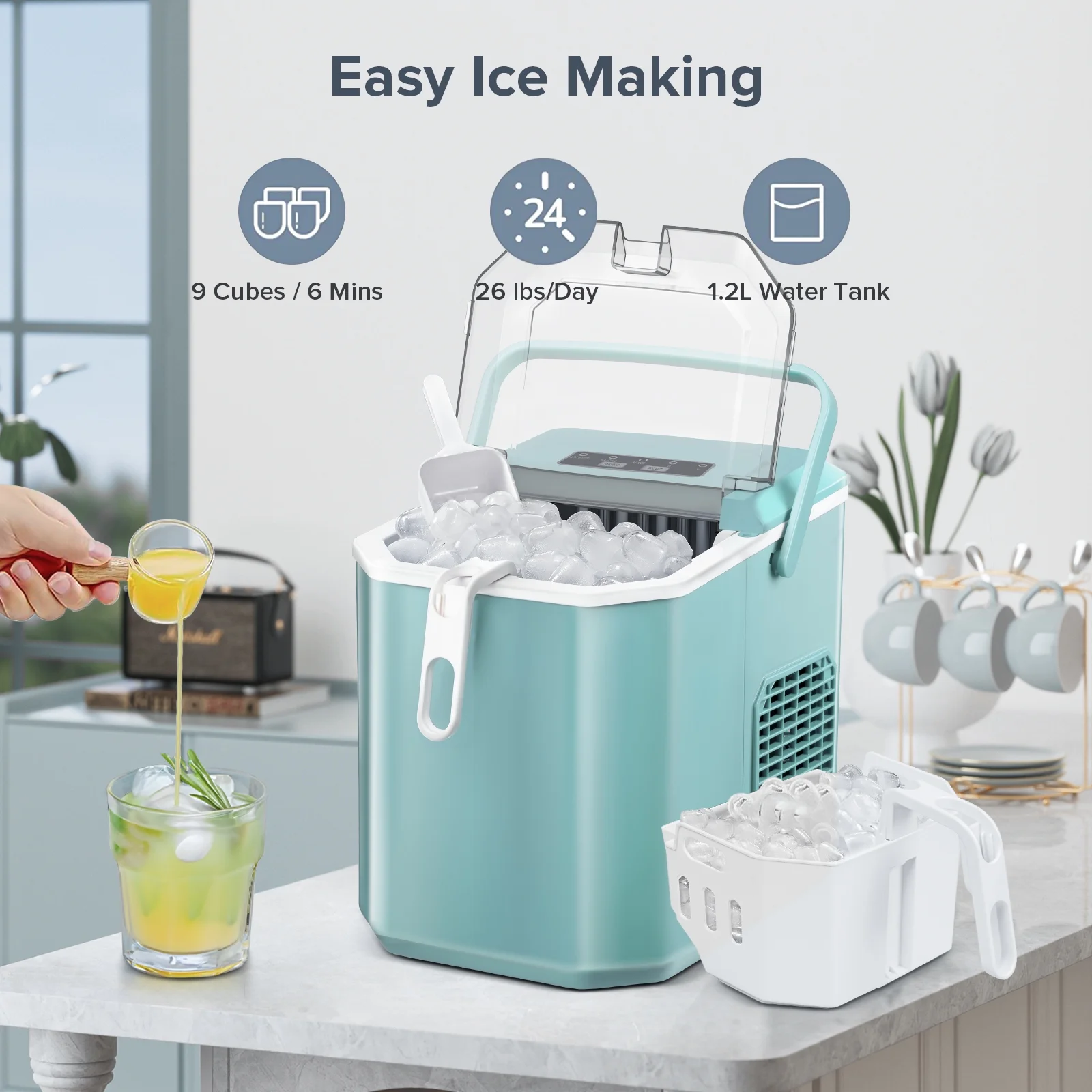 Auseo Countertop Ice Maker, Self-cleaning Portable Ice Maker Machine with Handle and Ice Scoop, Bullet Ice Cubes, 9Pcs/8Min 26Lbs/24H for Home/Office/Bar/Party (Green)