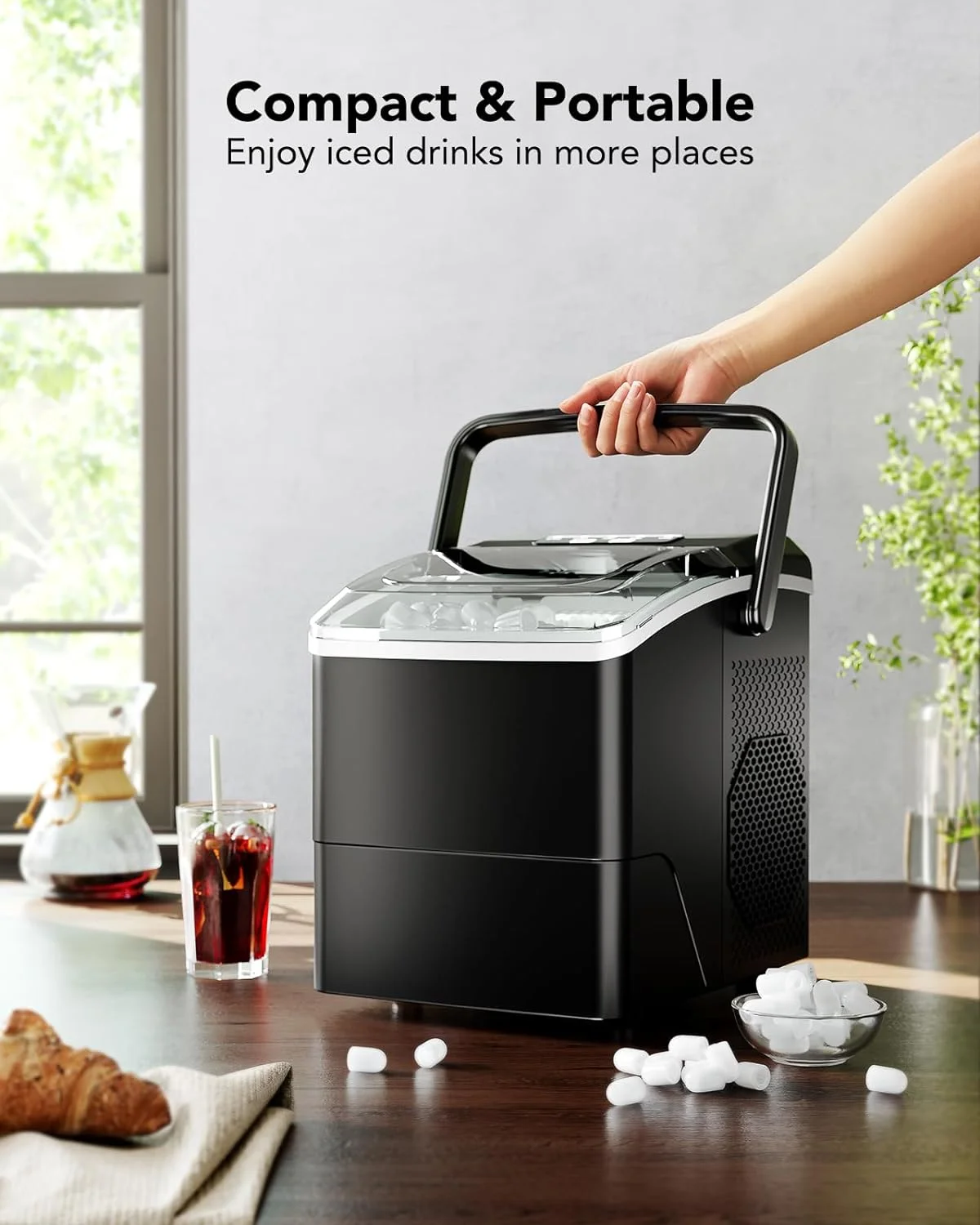 Countertop Ice Makers Machine 6 Mins 9 Bullet Ice, 26 Lbs/24 Hrs, Nugget Ice Maker with Self Cleaning Function, Portable Ice Maker for Home Kitchen Party, Black