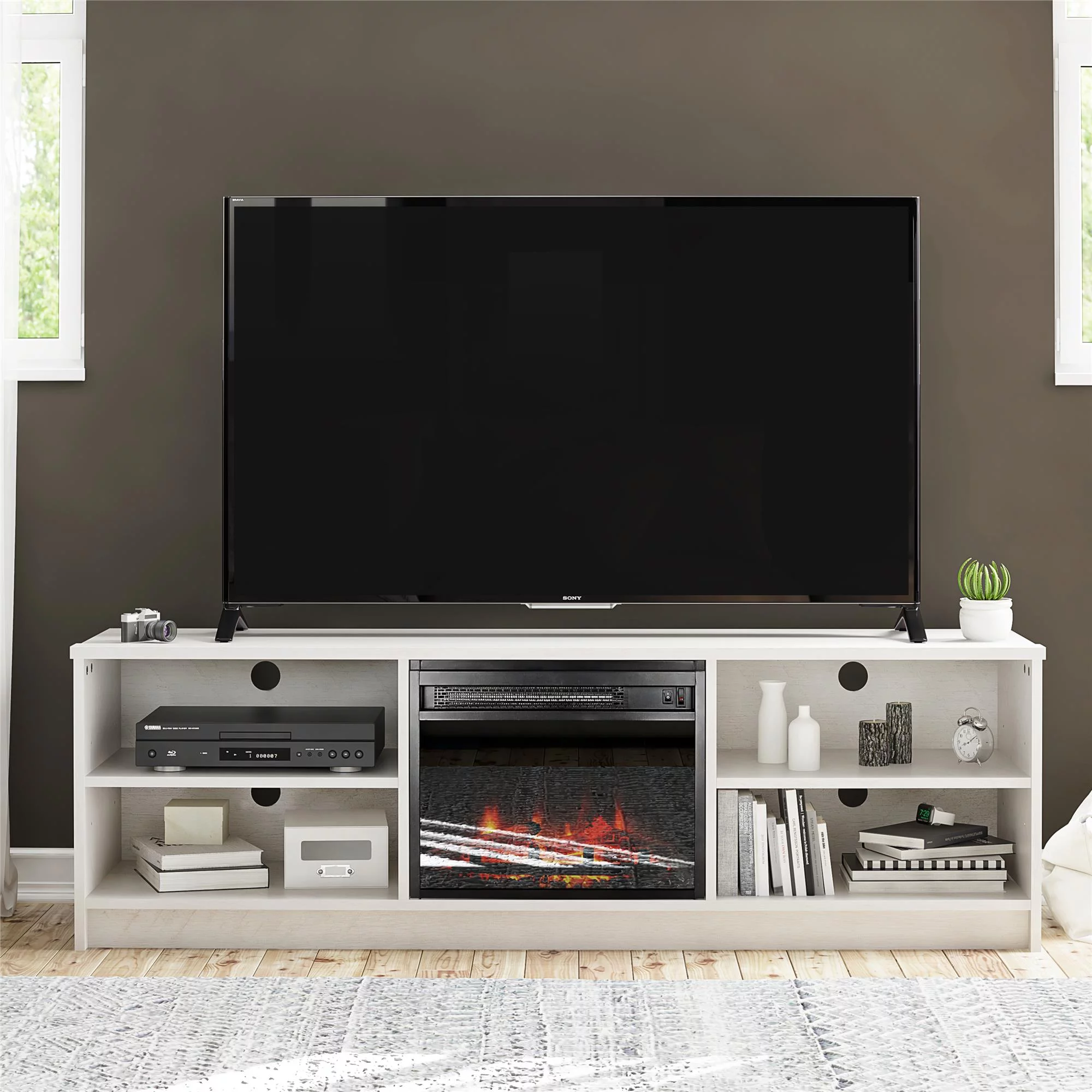 Ameriwood Home Namar 65' TV Stand with Electric Fireplace Insert and 4 Shelves, Ivory Oak