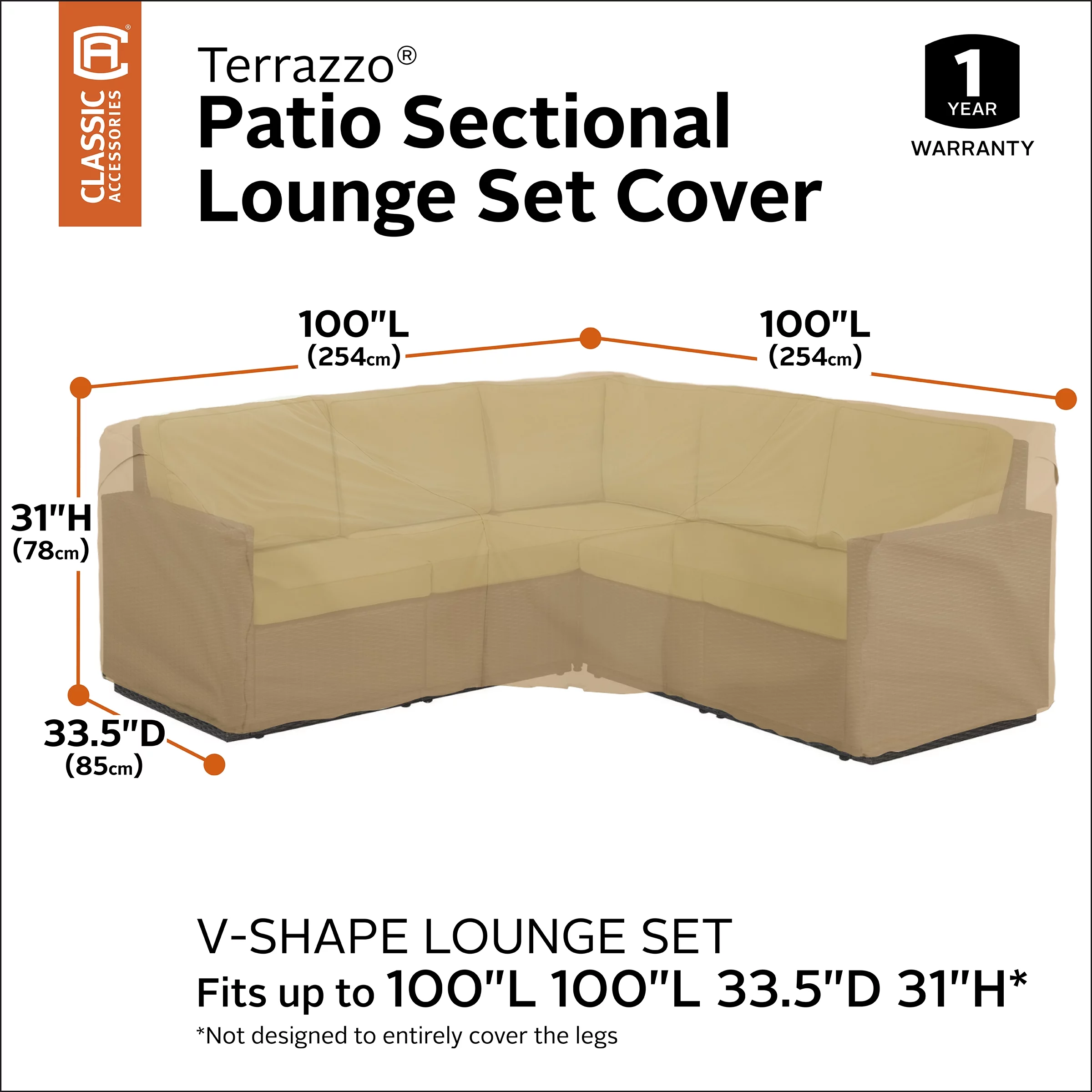 Classic Accessories Terrazzo Water-Resistant 100 Inch Patio V-Shaped Sectional Lounge Set Cover