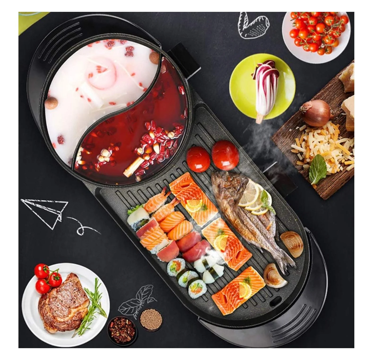 Hot Pot and Grill, 2 In 1 Electric Hot Pot Grill Cooker with Dual Temperature Control Multi-Functional Smokeless Shabu Korean BBQ Pan Indoor Non-Stick, Large Capacity for 2 - 12 People