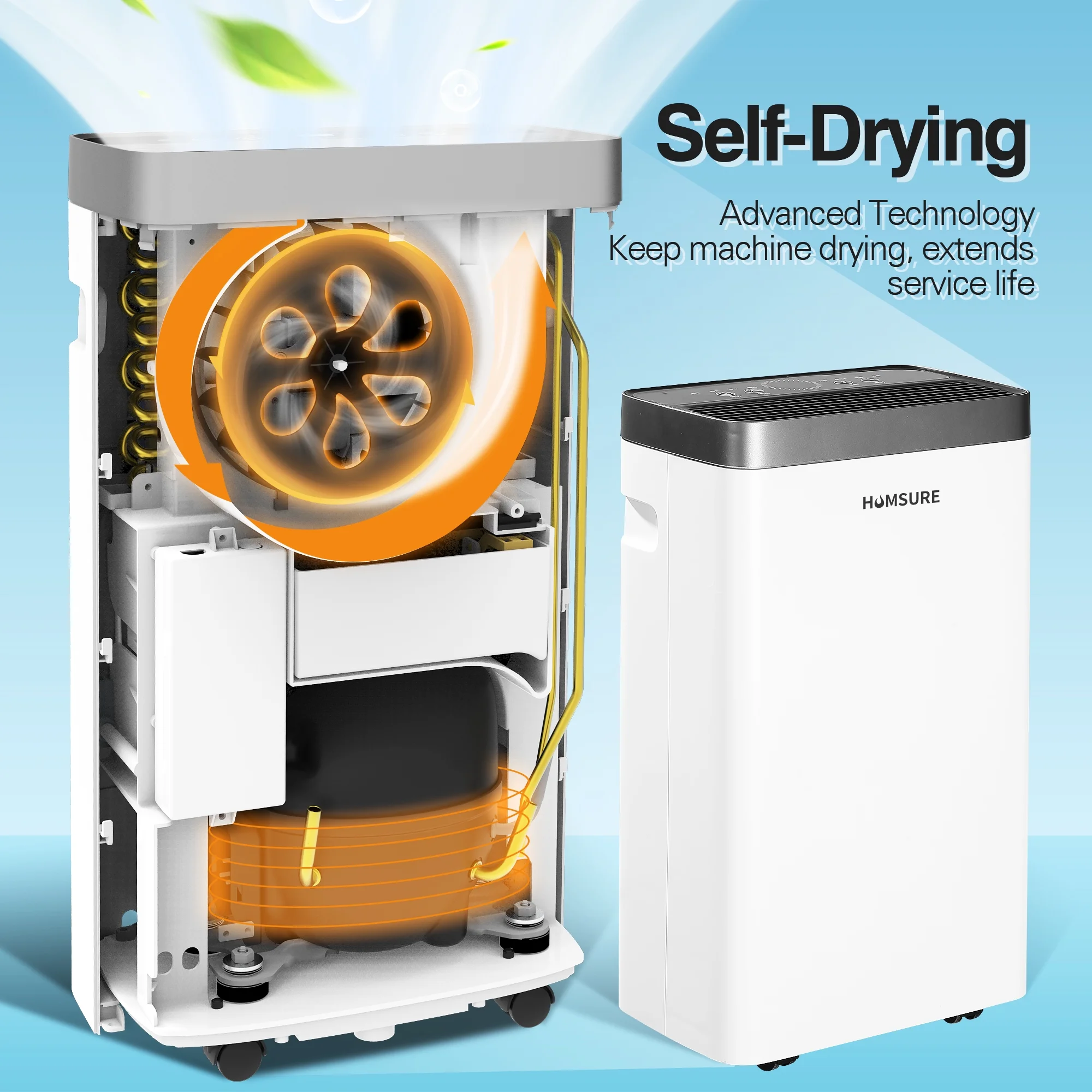 HUMSURE 22 Pints Protable Dehumidifier for Basement and Home with Drain Hose, Spaces up to 1500 Sq Ft, Max Moisture Removal 30 Pints (95 'F, 95% RH)