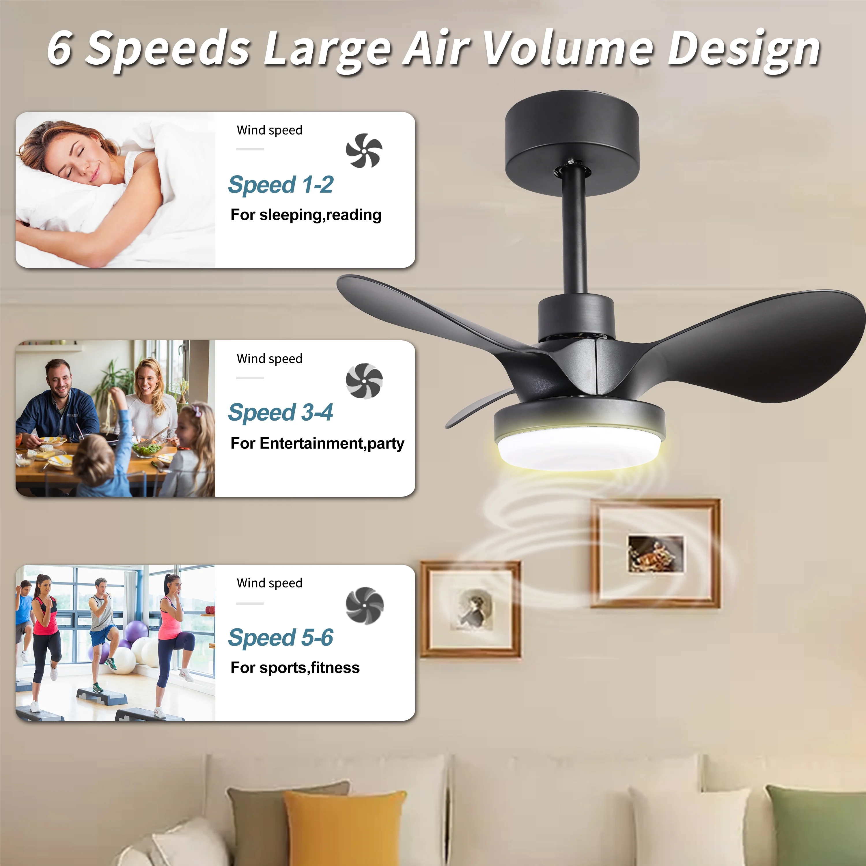 Greenpod 24 in Ceiling Fans with Lights and APP/Remote Control, Low Profile Ceiling Fans with 3 Reverse Blades 3 Colors Dimmable 6 Speeds for Living Room Bedroom Kitchen, Brown
