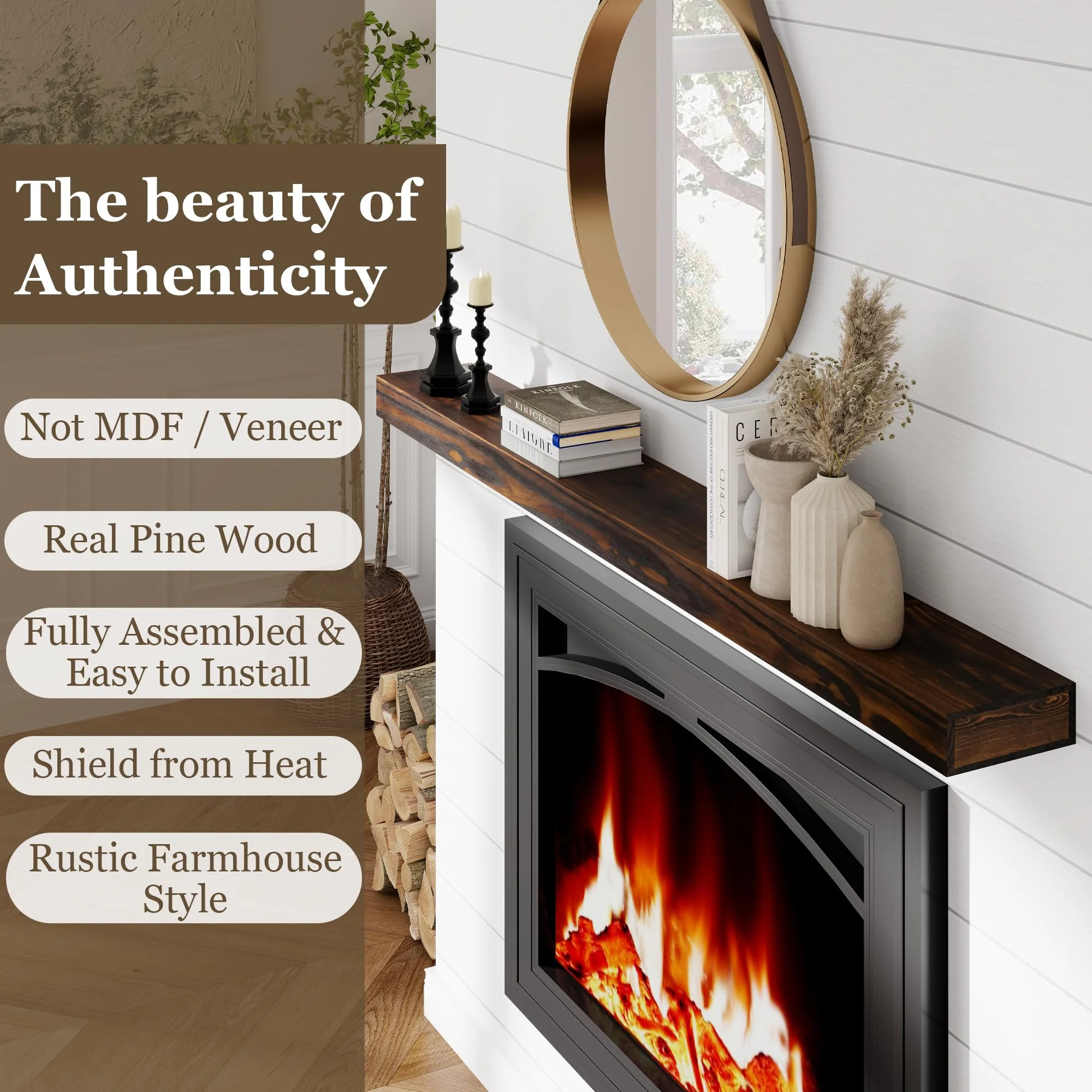 60in.Solid Wood Fireplace Mantel Wall Shelves Wall Mounted Floating Shelf 60'W x 3'H x 8'D, Espresso