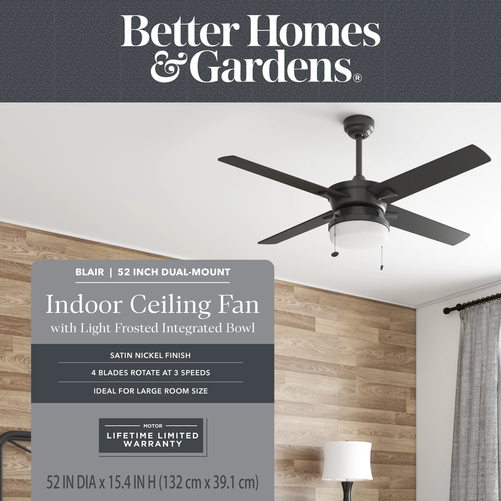 Better Homes & Gardens Blair 52' Black Modern Indoor Ceiling Fan with Light, 4 Blades, Pull Chains & Reverse Airflow