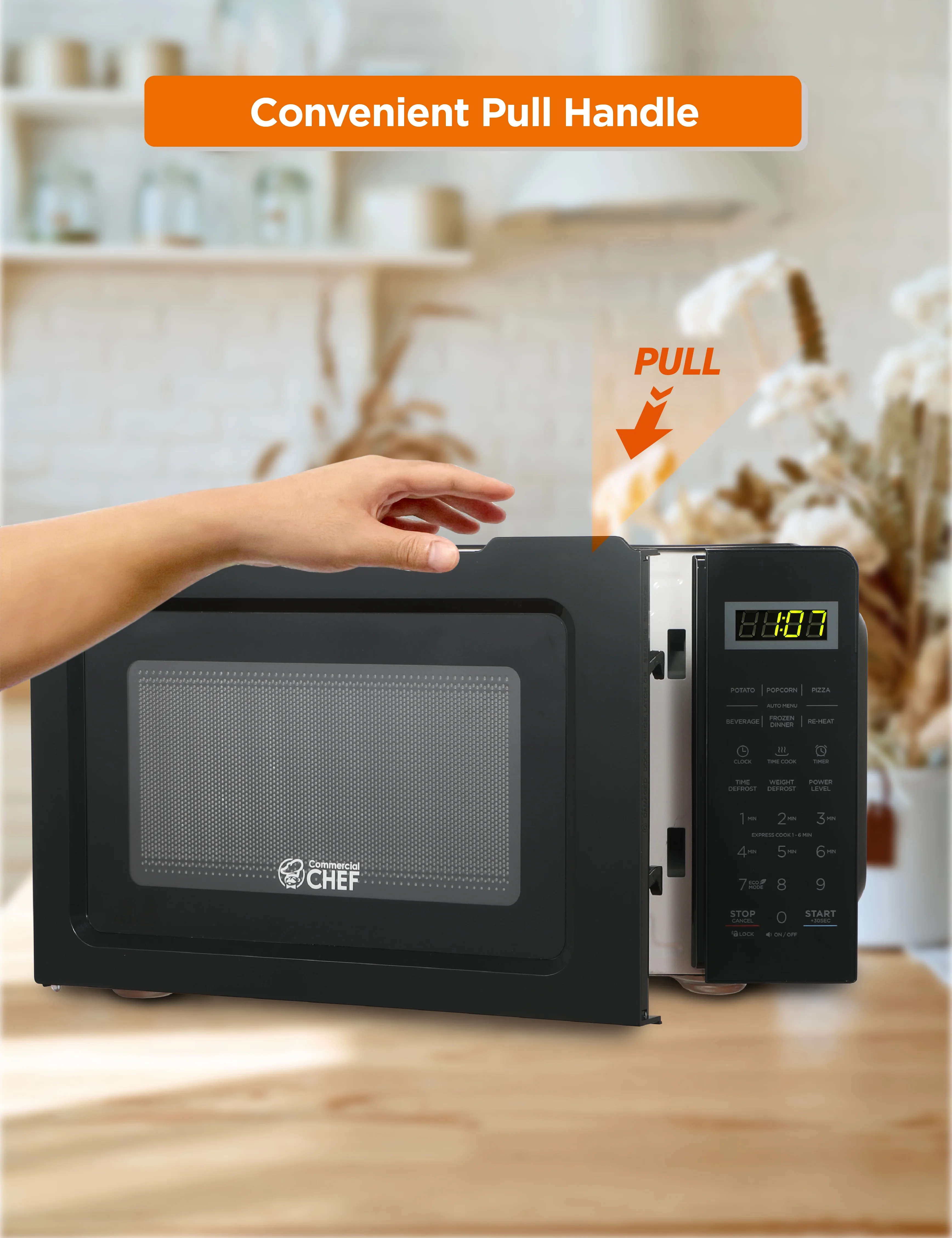 Commercial Chef CHM770B 0.7 Cubic Feet Microwave Oven, 700 Watt, Stainless Steel Front with Black Cabinet