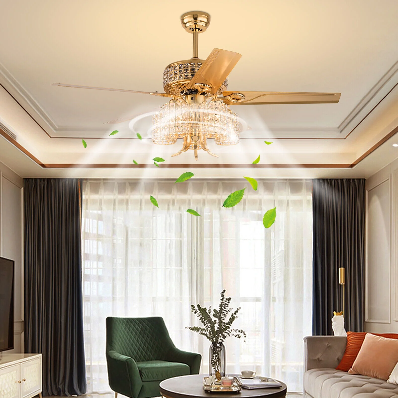 52' Crystal Gold Ceiling Fan Light Fixture,5 Lights Gorgeous Modern Crystal LED Chandelier with 5 Iron Reversible Blades Indoor Crystal Fan