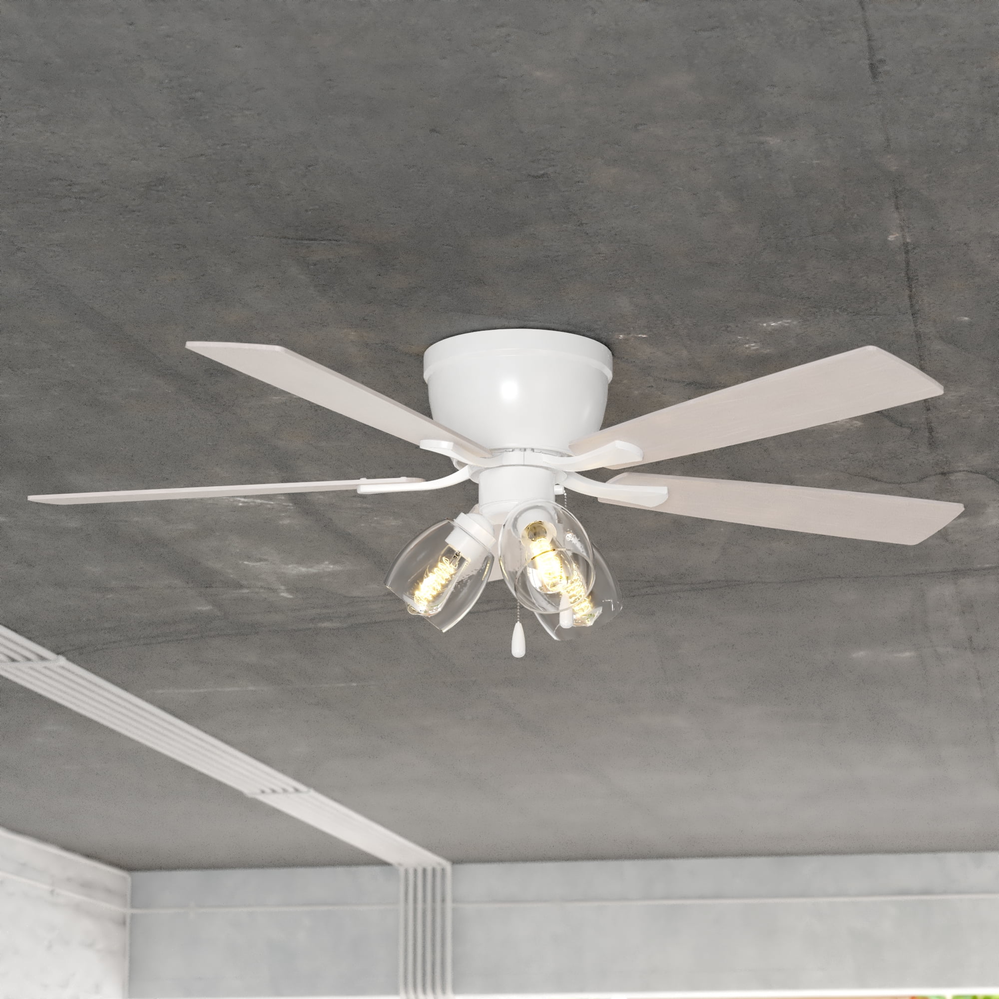 Brayton White Transitional 3-Light Flush Mount Ceiling Fan with Light Kit, Pull Chain, Reversible Blades