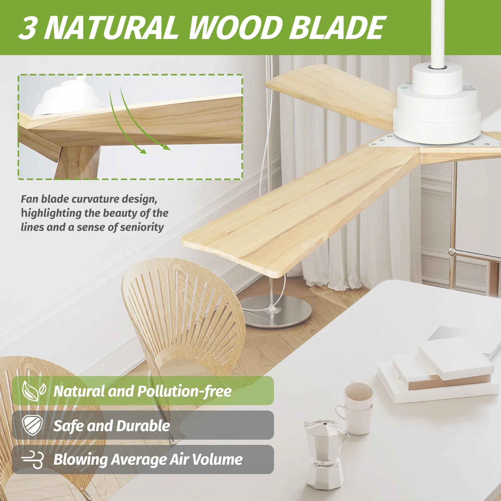 KAPOEFAN 52inch Wood Ceiling Fan without Light with Remote, Outdoor Ceiling Fans for Patios Bedroom Farmhouse, Modern Ceiling Fans with DC Motor