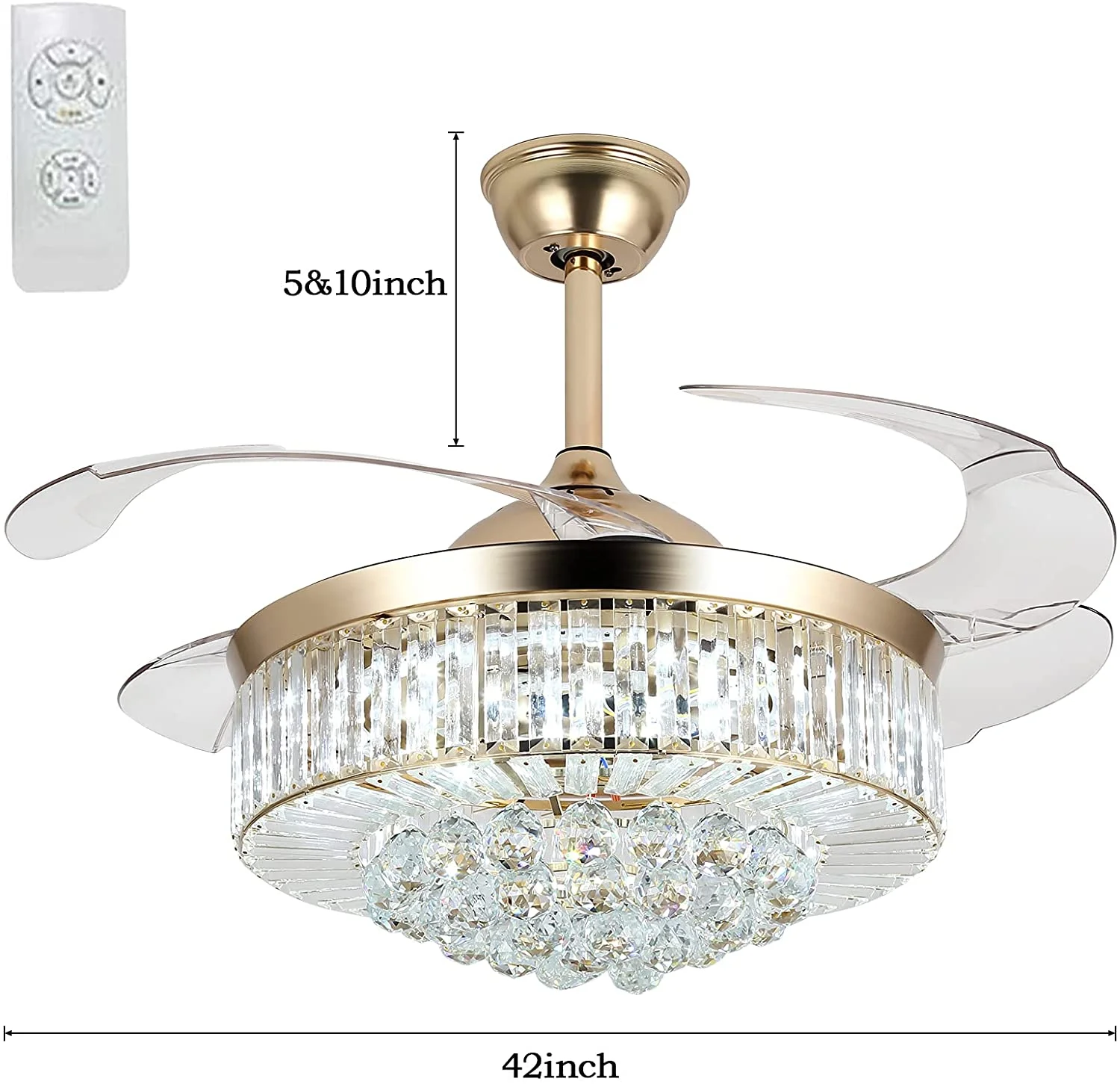 Datingday 42inch Ceiling Fan with Lights 4 Retractable Invisible ABS Blades 3 Color 6 Speeds (Gold)