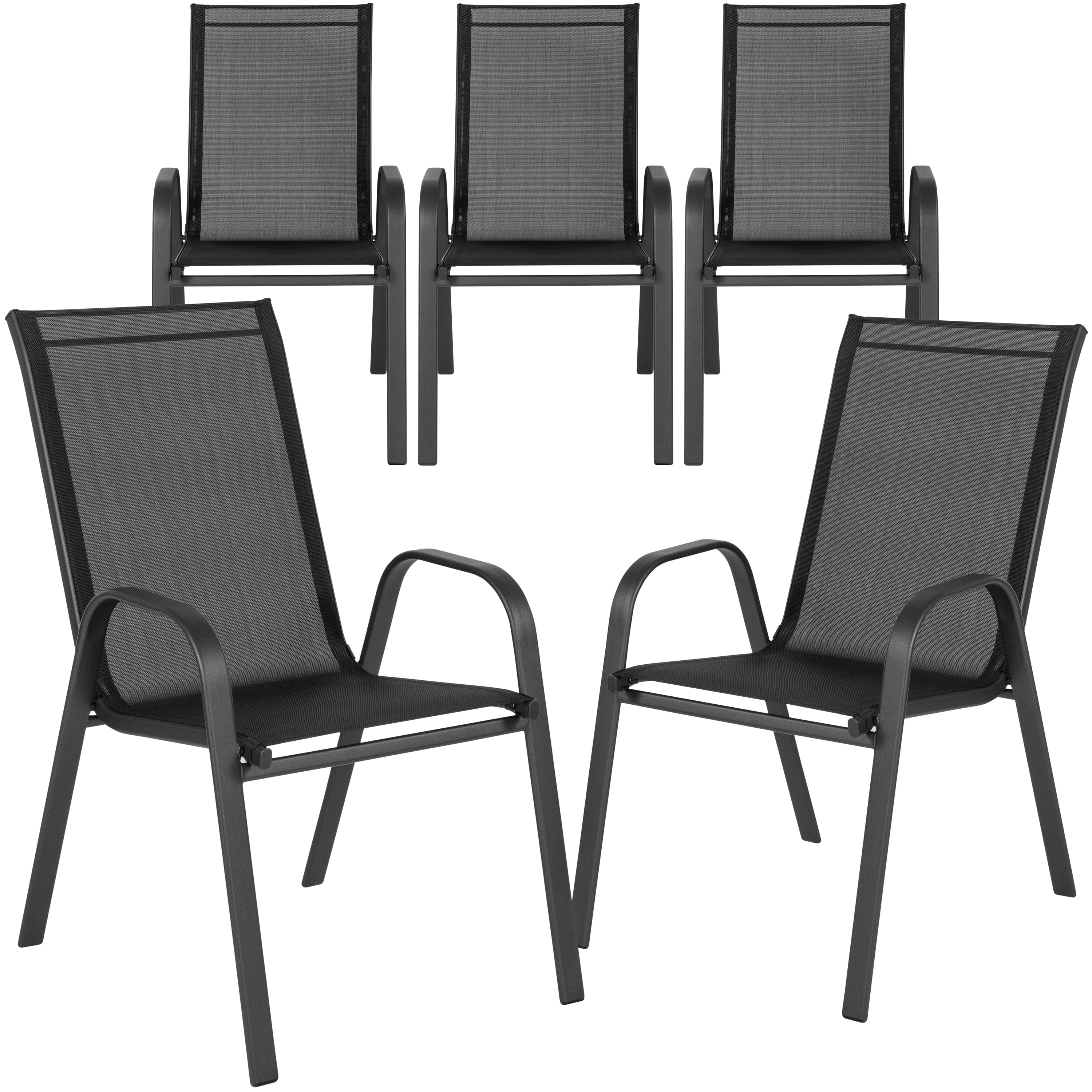 BizChair 5 Pack Black Outdoor Stack Chair with Flex Comfort Material and Metal Frame