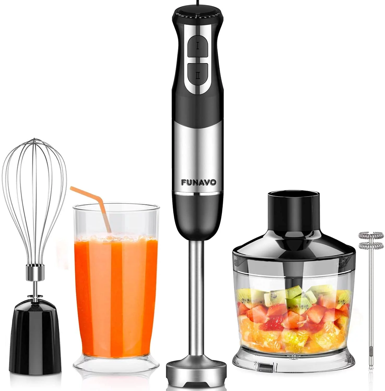 FUNAVO hand blender, 800W 5-in-1 Immersion Hand Blender,12-Speed Multi-function Stick Blender with 500ml Chopping Bowl, Whisk, 600ml Mixing Beaker, Milk Frother Attachments, BPA-Free