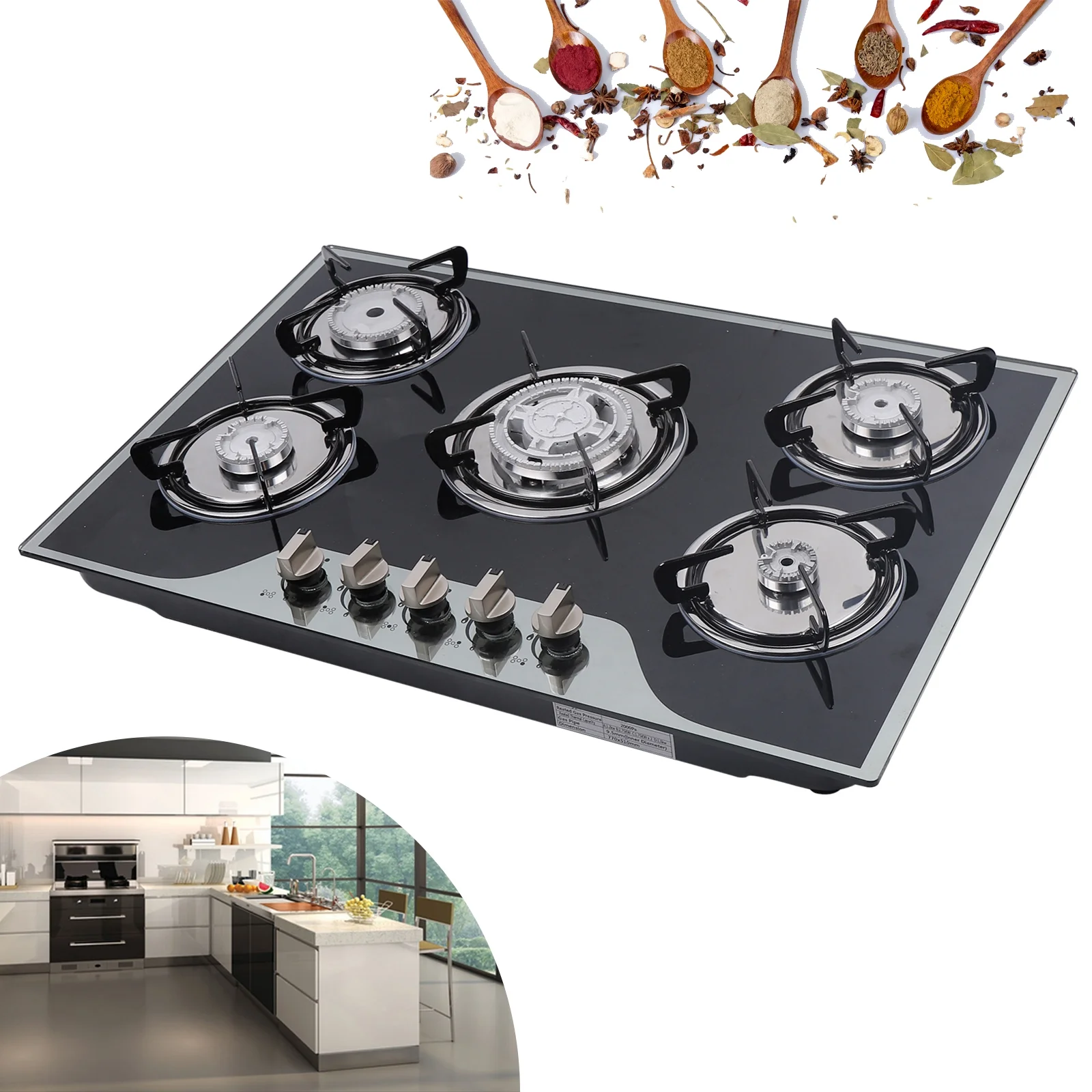 30.3' Built-in Gas Cooktop 5 Burners Gas Stove Gas Hob Stovetop Stainless Steel Cooktop Cast Iron Grates, Black