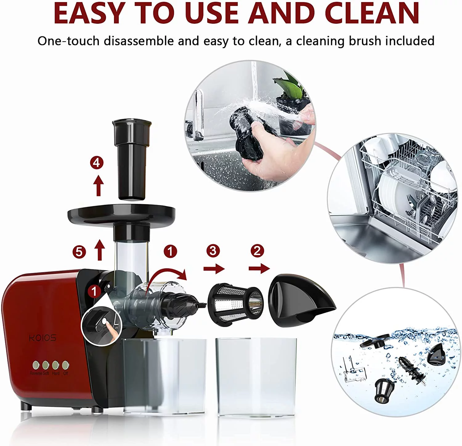 KOIOS Juicer, Masticating Slow Juicer Extractor with Reverse Function, Cold Press Juicer Machine with Quiet Motor, BPA-FREE Juicer Easy to Clean, B5100 , Red