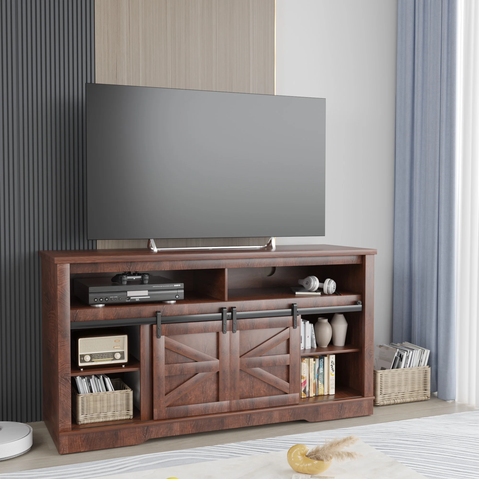Homall Modern Farmhouse TV Stand with Electric Fireplace Media Storage TV Console Sliding Cabinet Doors,Brown