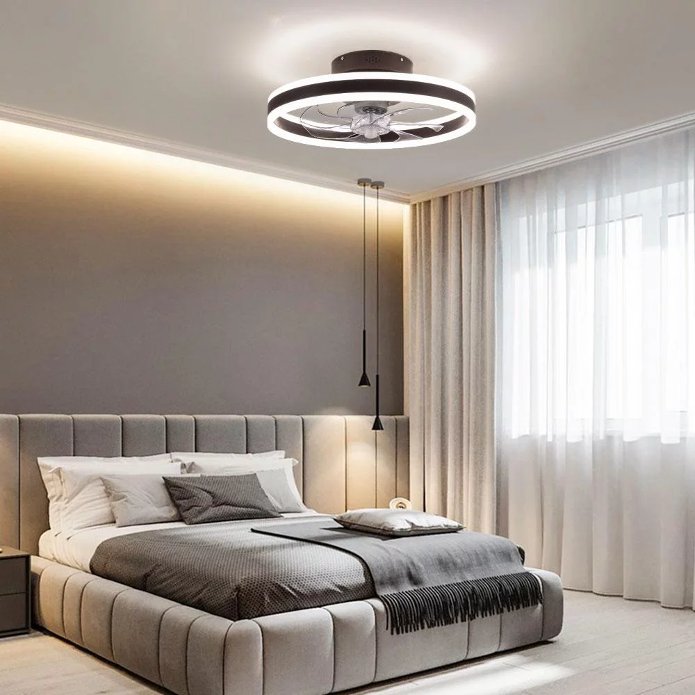 ANQIDI 20' Modern Invisible Blades Ceiling Fan Light Tri-color Round Indoor Flush Mount LED Lighting Fan Coffee Gold with Remote