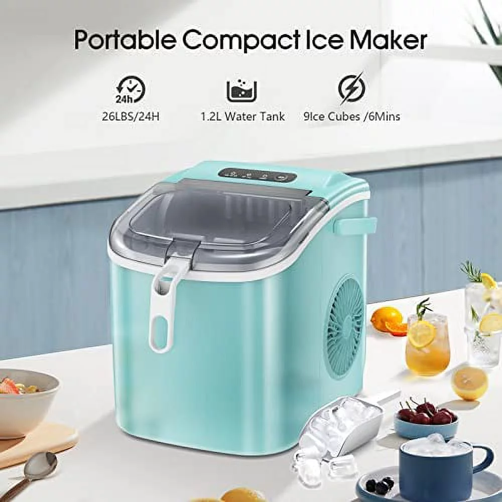 KISSAIR Ice Makers Countertop,Protable Ice Maker Machine with Handle,Self-Cleaning Ice Maker, 26Lbs/24H, 9 Ice Cubes Ready in 8 Mins, with ice Scoop and Basket,for Home/Office/Kitchen (Green)