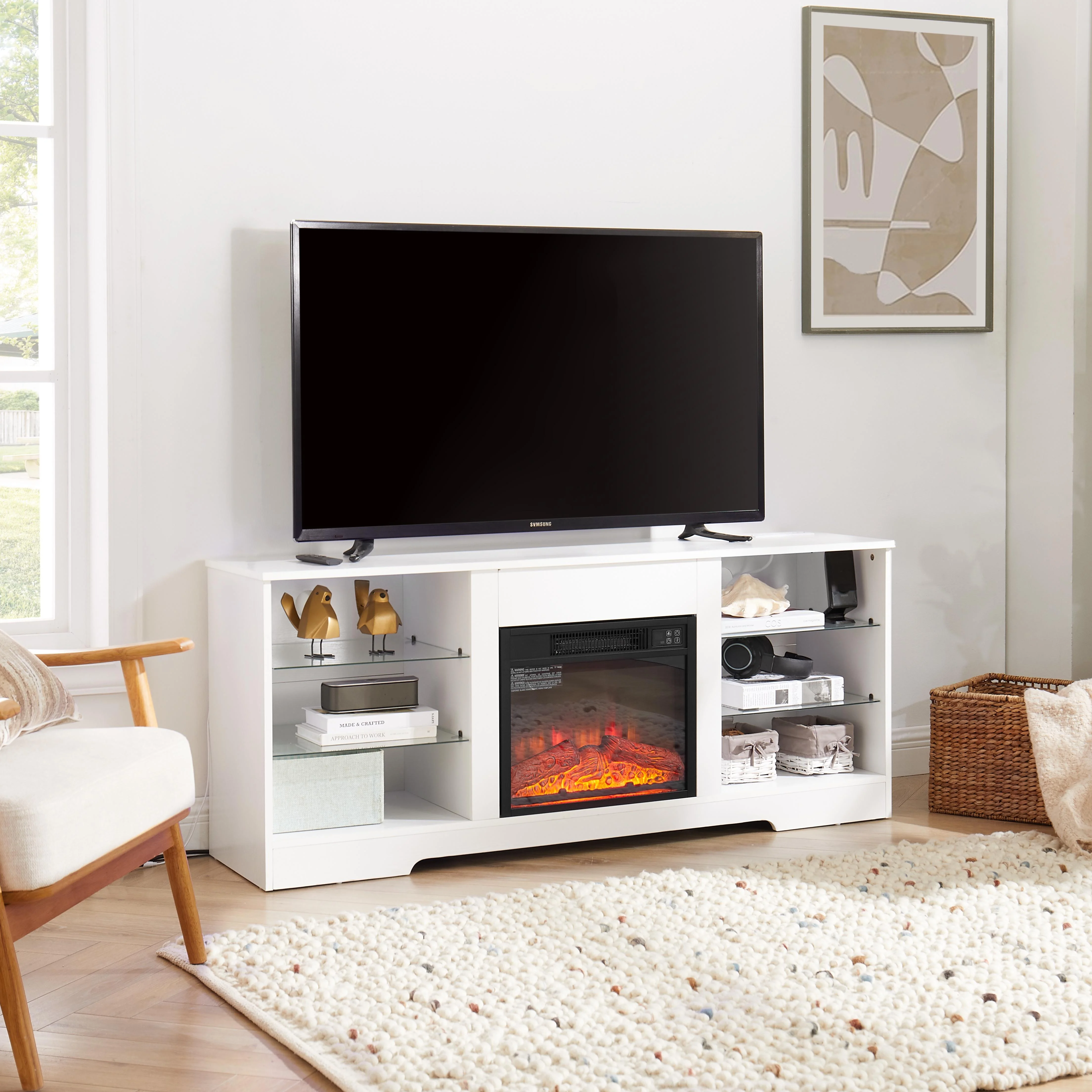 Fireplace TV Stand, PAPROOS Electric 58' TV Stand with Fireplace for 65 TVs, 1400w Farmhouse Fireplace Entertainment Center TV Console with Adjustable Shelf, 62��F - 82��F Heating Range, White