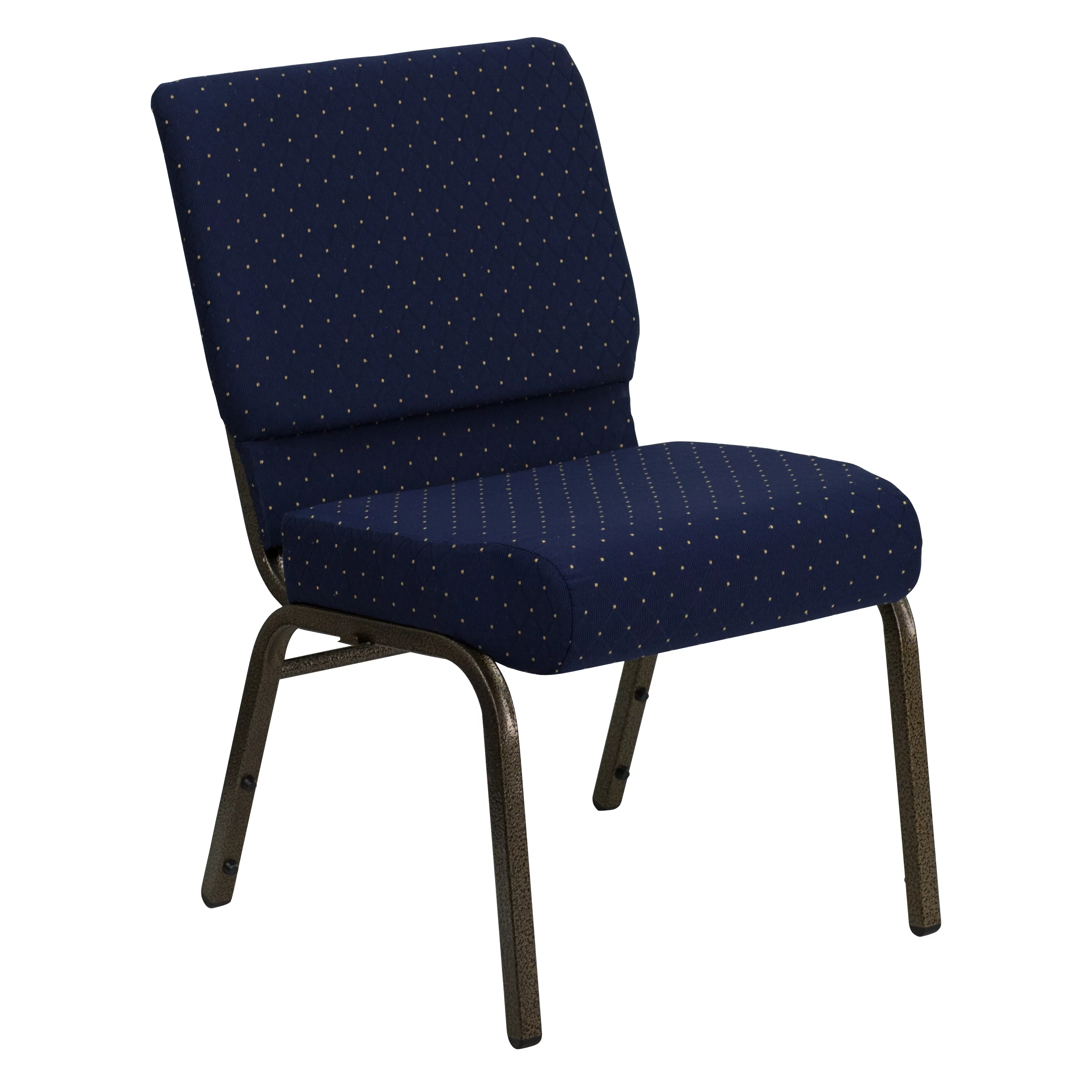 Emma + Oliver 21'W Stack Church Chair, Navy Blue Dot Patterned Fabric/Gold Vein