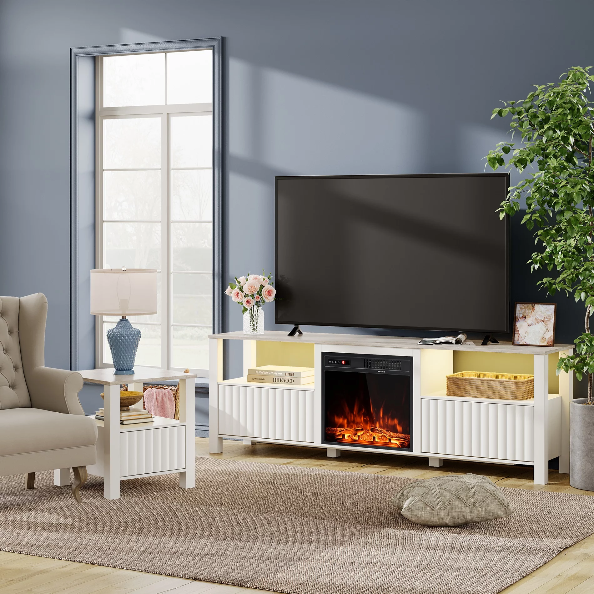 Fireplace TV Stand for TV's up to 80 Inch, LED Entertainment Center for 75 inch TV with Electric Fireplace, 70 inch, White