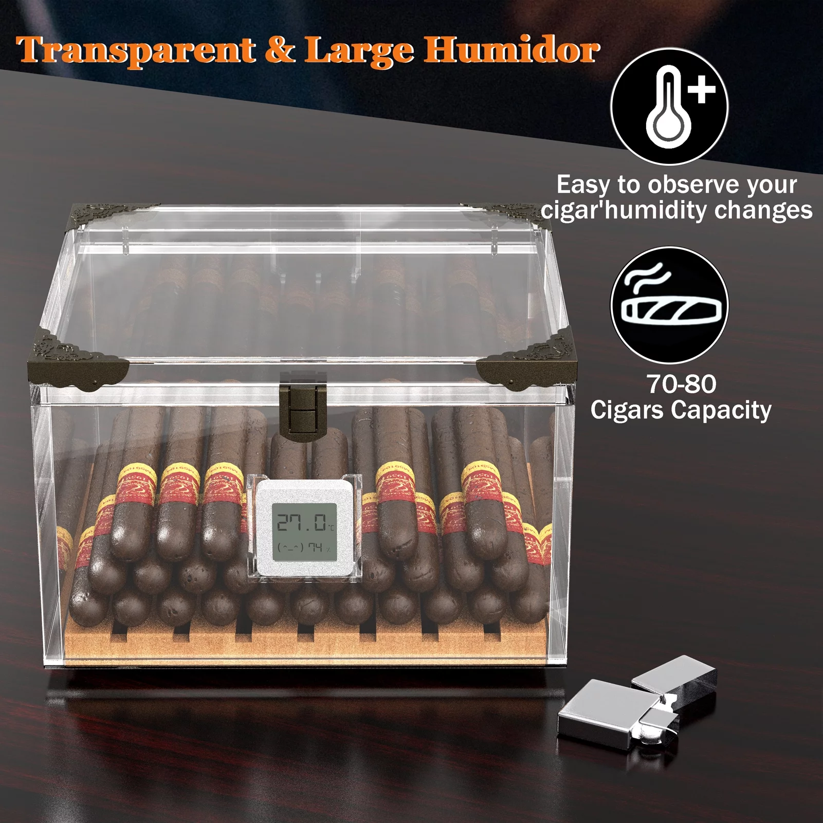 Acrylic Cigar Humidors Box case, WIAEE Retro Humidor Desktop Humidifier Storage Box for 70-80 Cigars, with Spanish Cedar Pallet, Humidifier and Electronic Hygrometer, Gift for Men Father's Day