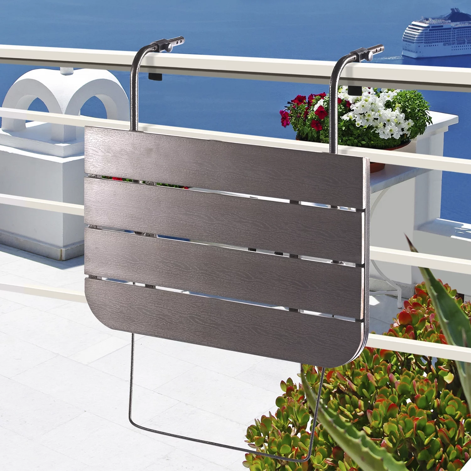 Balcony Railing Table Outdoor Hanging Folding Balcony Bar Table for Railings Patio Hanging Table on Railing Aluminium Metal Side Table Folding Adjustable 23.6'(L) x 15.7'(W) Brown