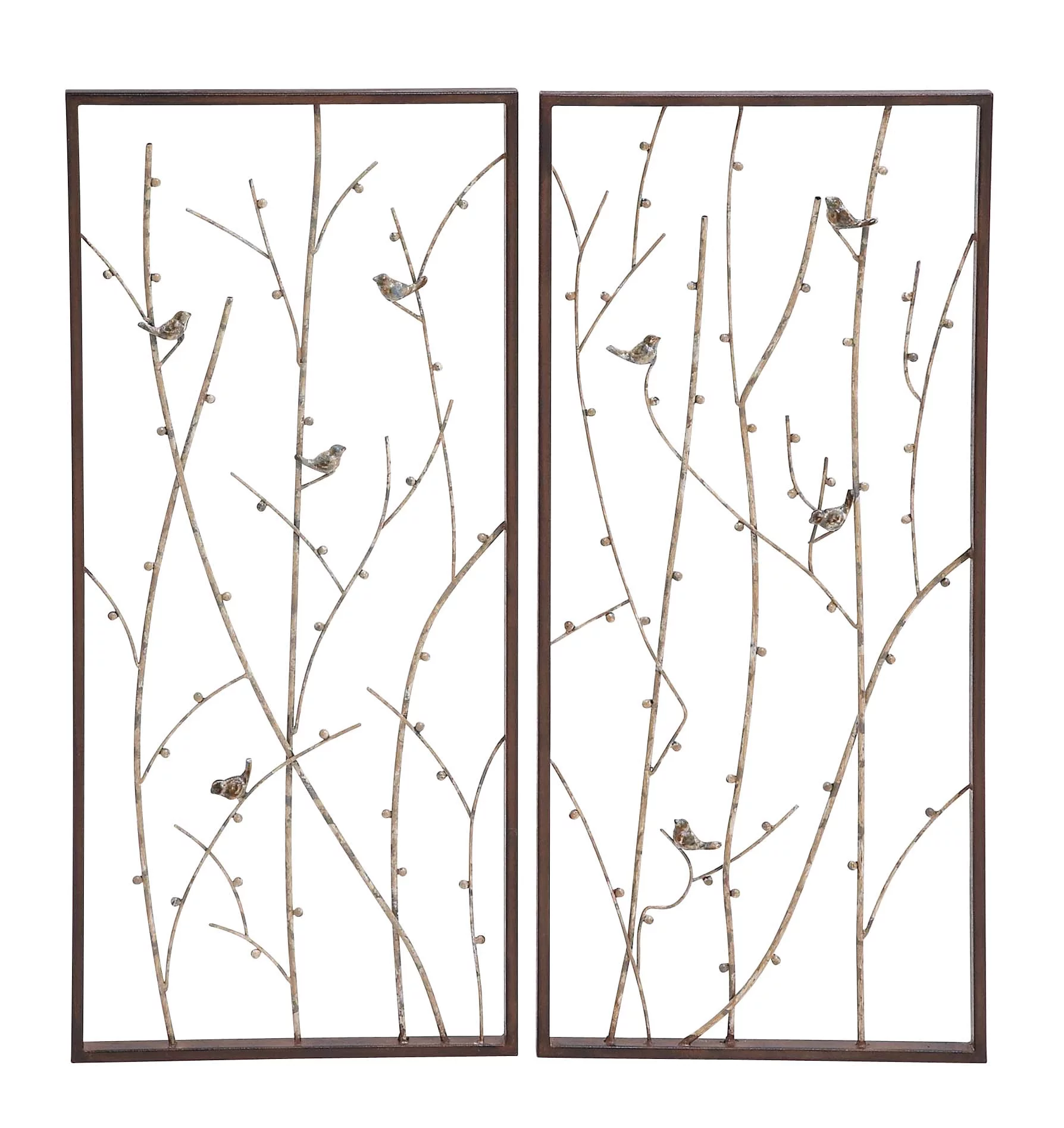 Dec Mode Farmhouse Metal Fireplace Screen with Brown and Green Tree Detail, 39'W x 33'H, Black Frame