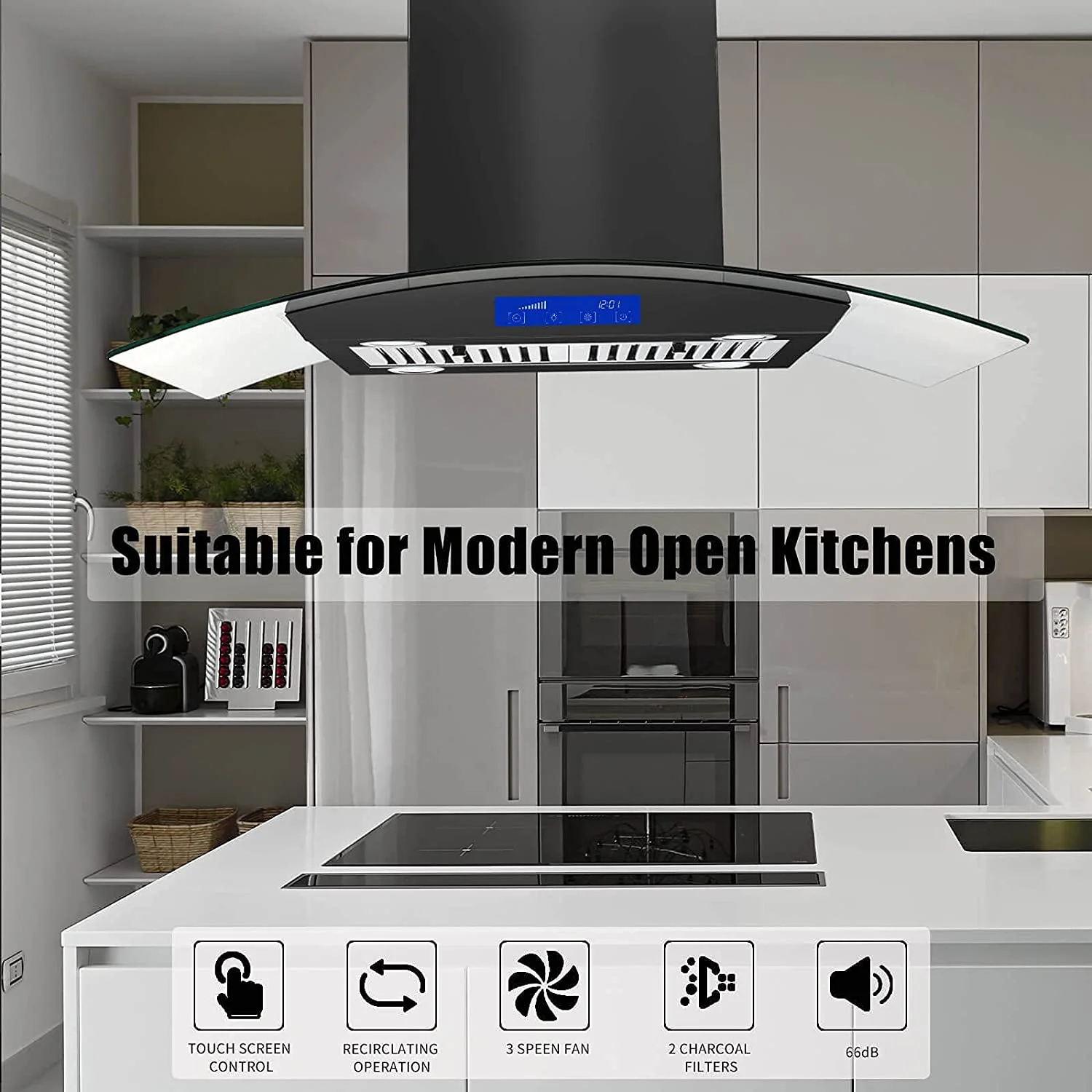 Island Mount Range Hood 36 inch Kitchen 3-Speed Extractor Fan Mesh Filter Tempered Glass