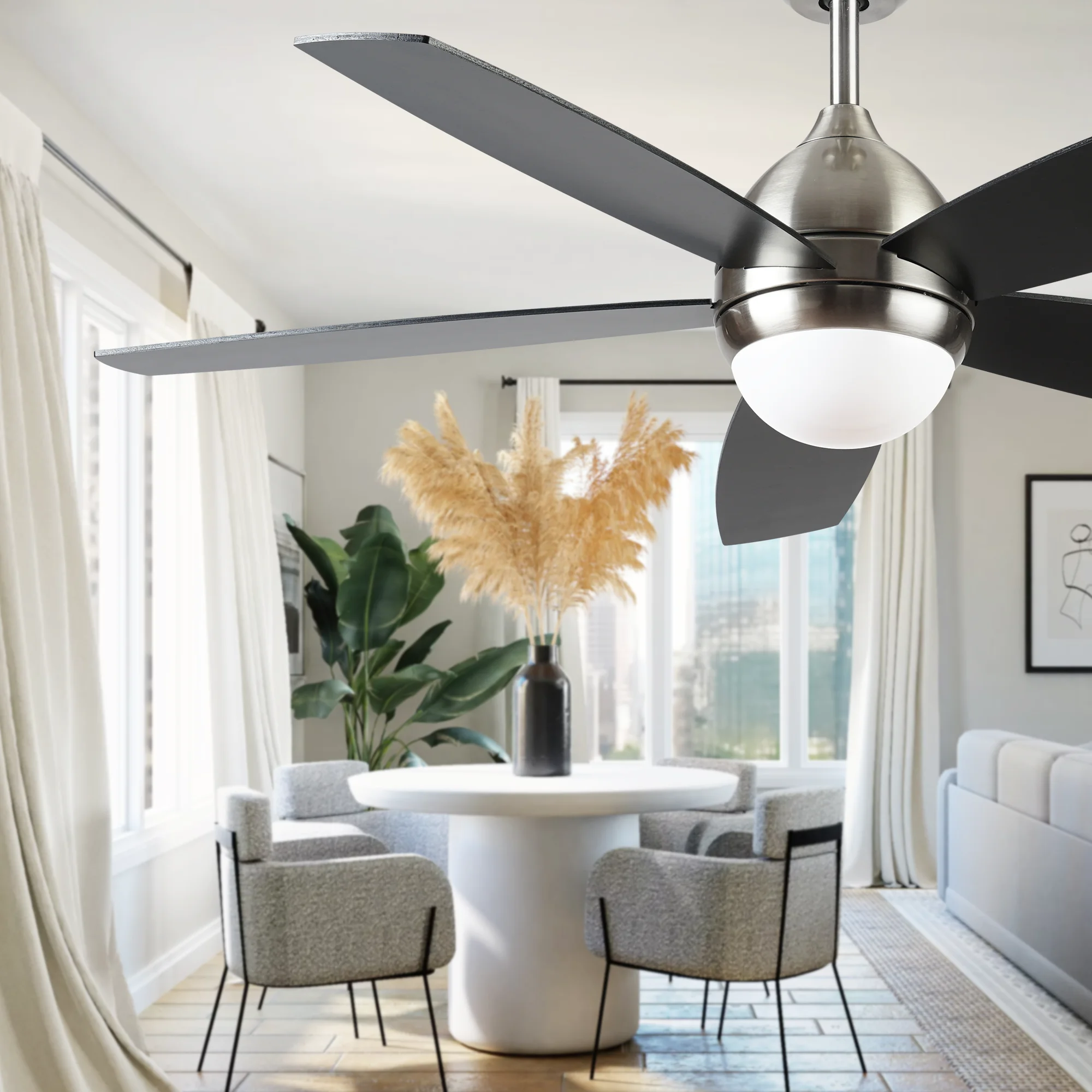 KAPOEFAN 52inch Ceiling Fan with Light and Remote, Modern Ceiling Fan for Outdoor,Living Room,Office,5 blades,Brushed Nickel