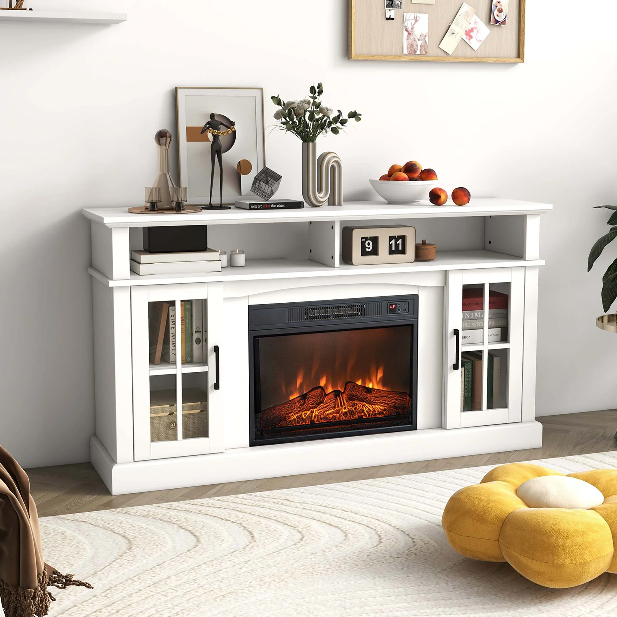 Costway 58' Fireplace TV Stand with 1400W Electric Fireplace for TVs up to 65 Inches White