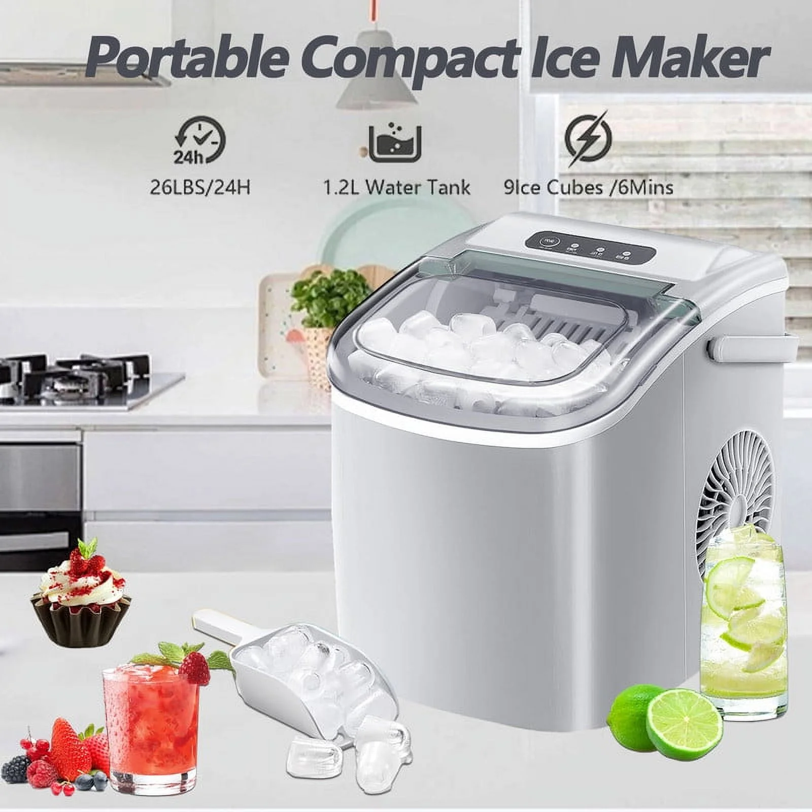 Ice Makers Countertop, Portable Ice Maker Machine with Handle, 26Lbs/24H, 9 Ice Cubes Ready in 8 Mins (Grey)
