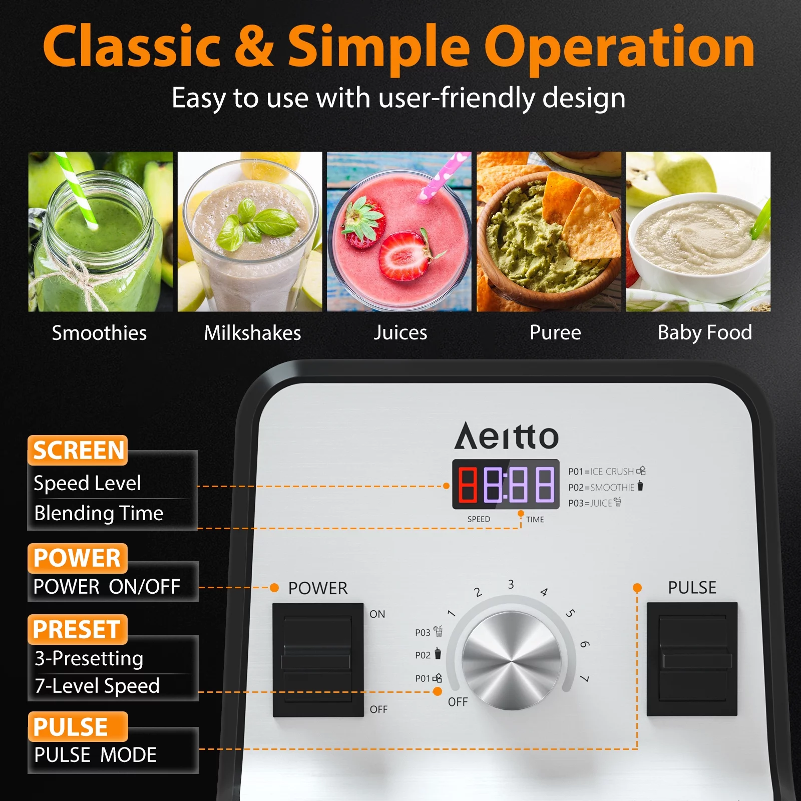 Aeitto? Blenders for Kitchen, High Speed Blenders for Shakes and Smoothies with 1500-Watt Motor, 68 Oz Large Capacity, Countertop Professional Blenders for Ice Crush, Frozen Drink, Silver