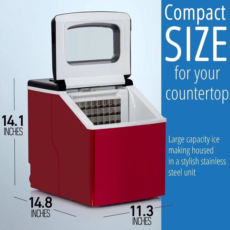 Countertop Ice Maker 40LB/24H, 24 Full Cubes Every 15 Minutes, Adjustable Size, Digital Control and Timer, Self-Cleaning, EZ Access Lid, Included, Red