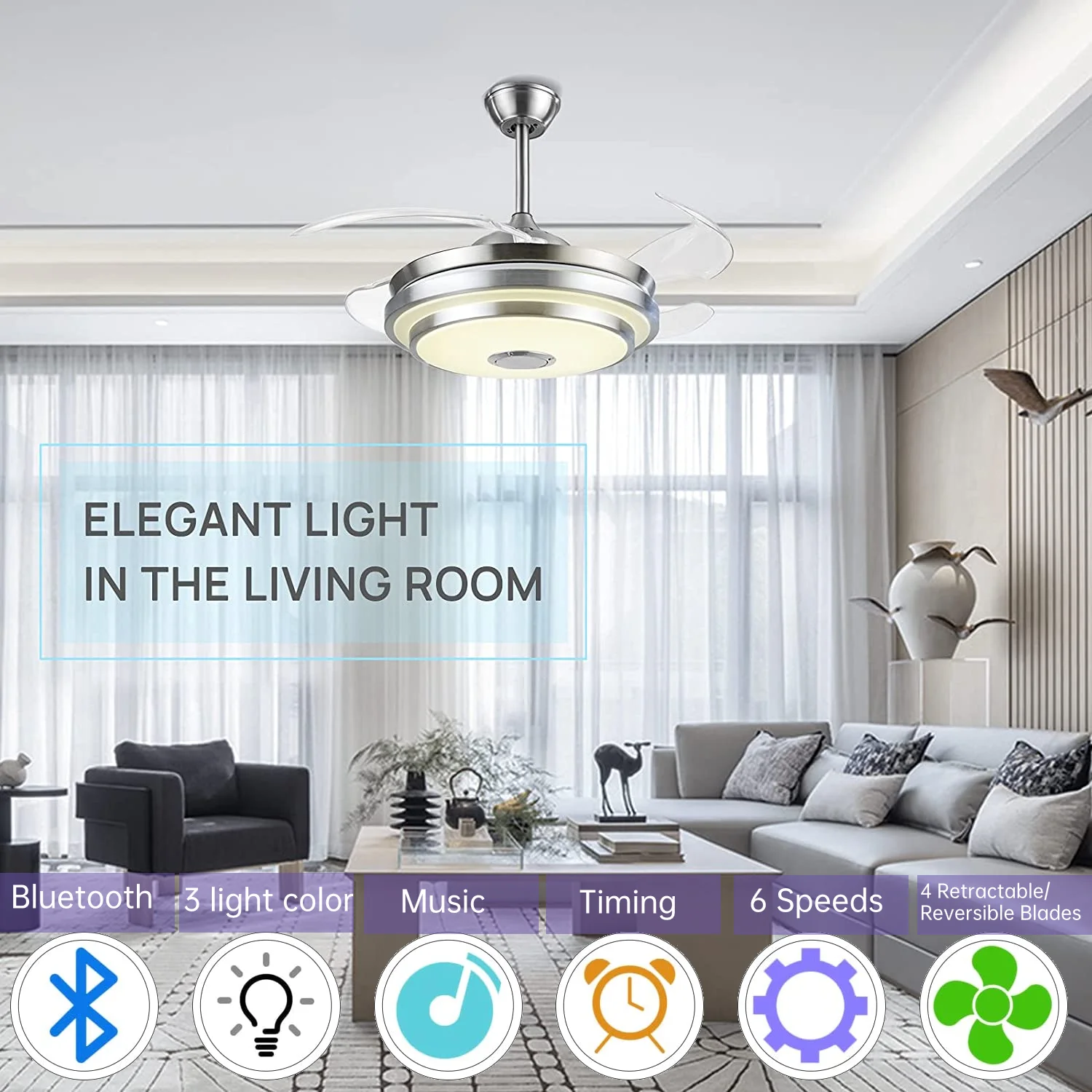42' Bluetooth Speaker Retractable Invisible Ceiling Fan Dimmable Light 4 Blades w/ Remote Control
