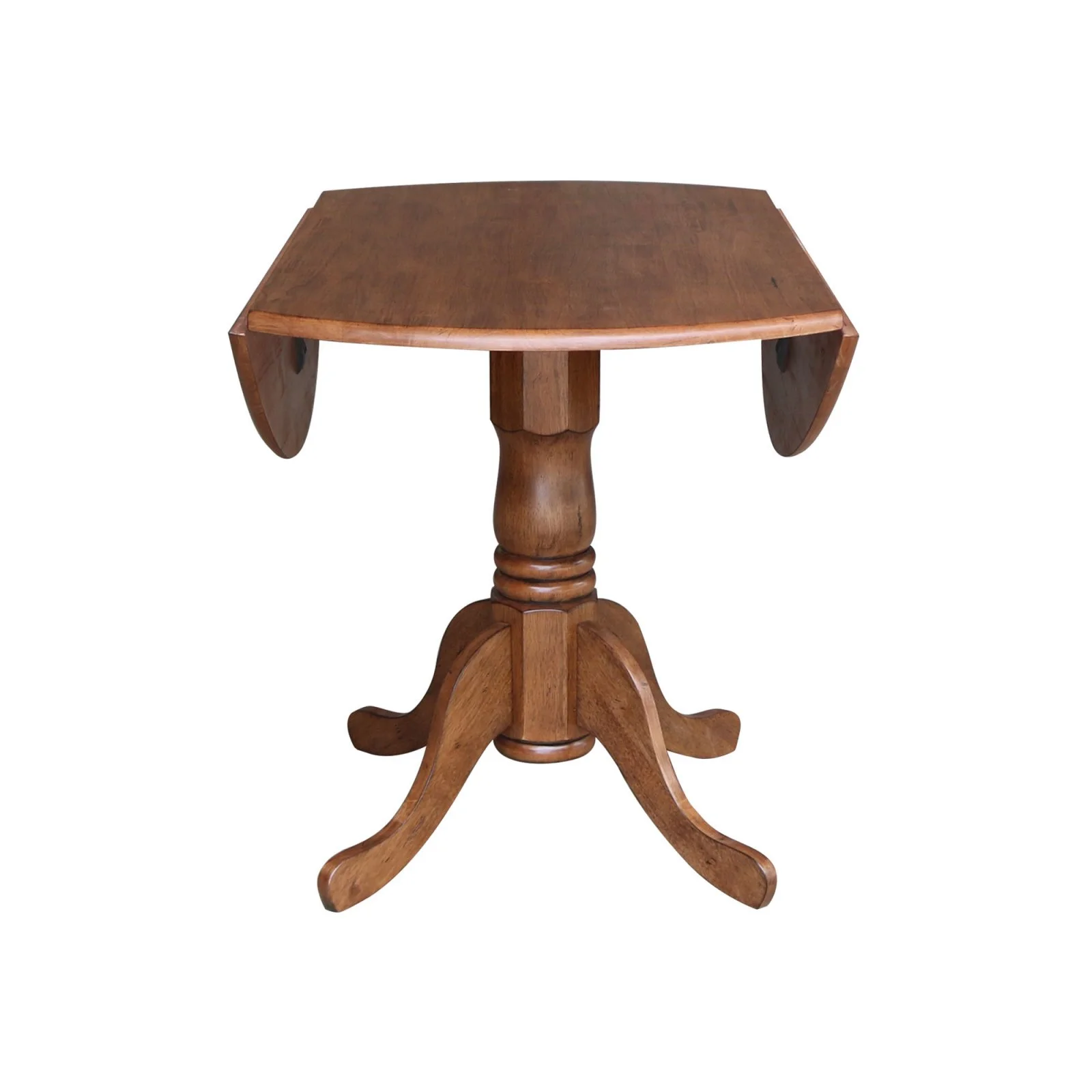 42' Round Solid Wood Dual Drop Leaf Pedestal Table in Oak Finish