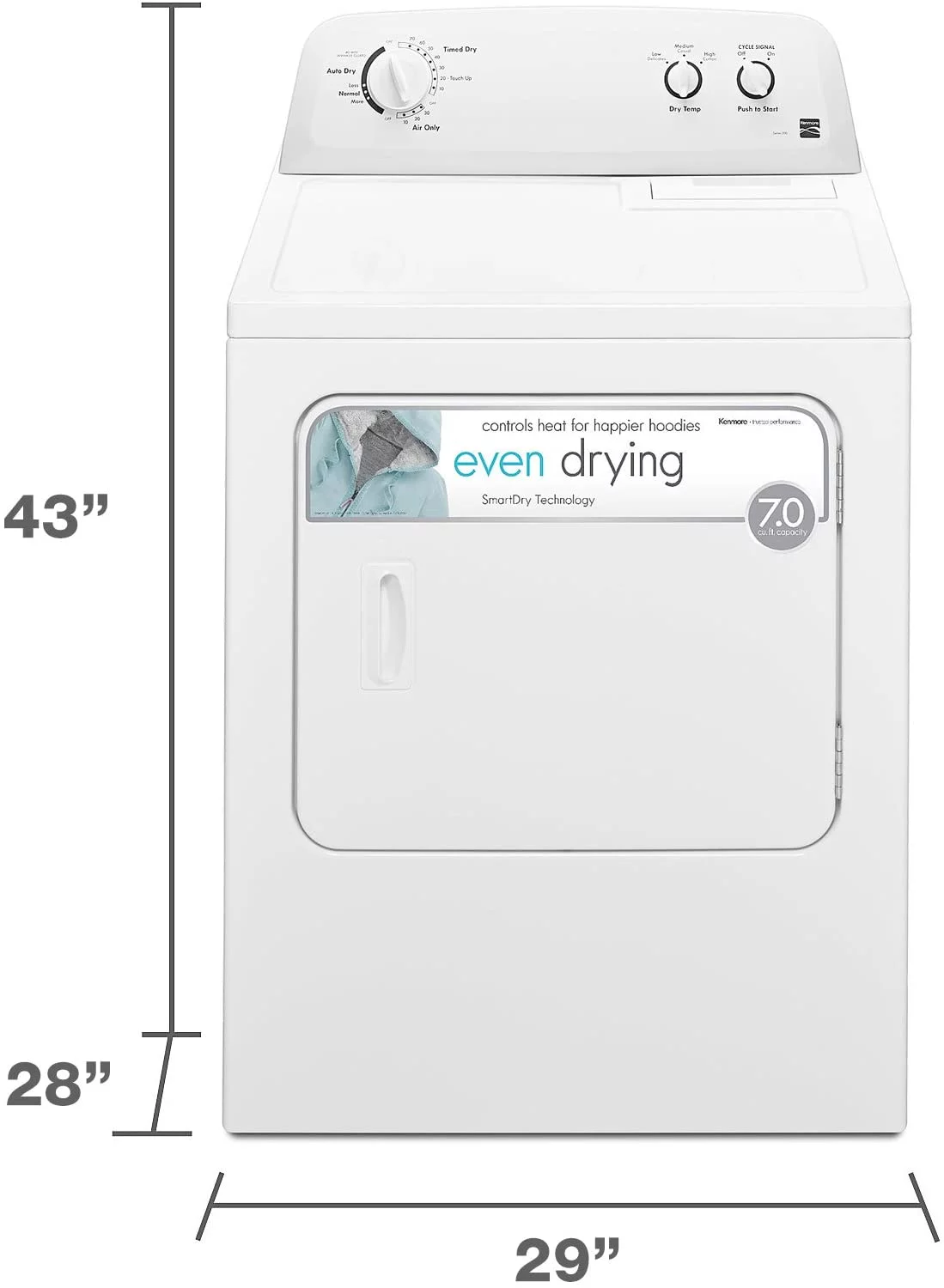 Kenmore Electric Dryer with SmartDry/Wrinkle Guard, 7 Cu. ft. Capacity, White, 43'H x 29'W x 28'D