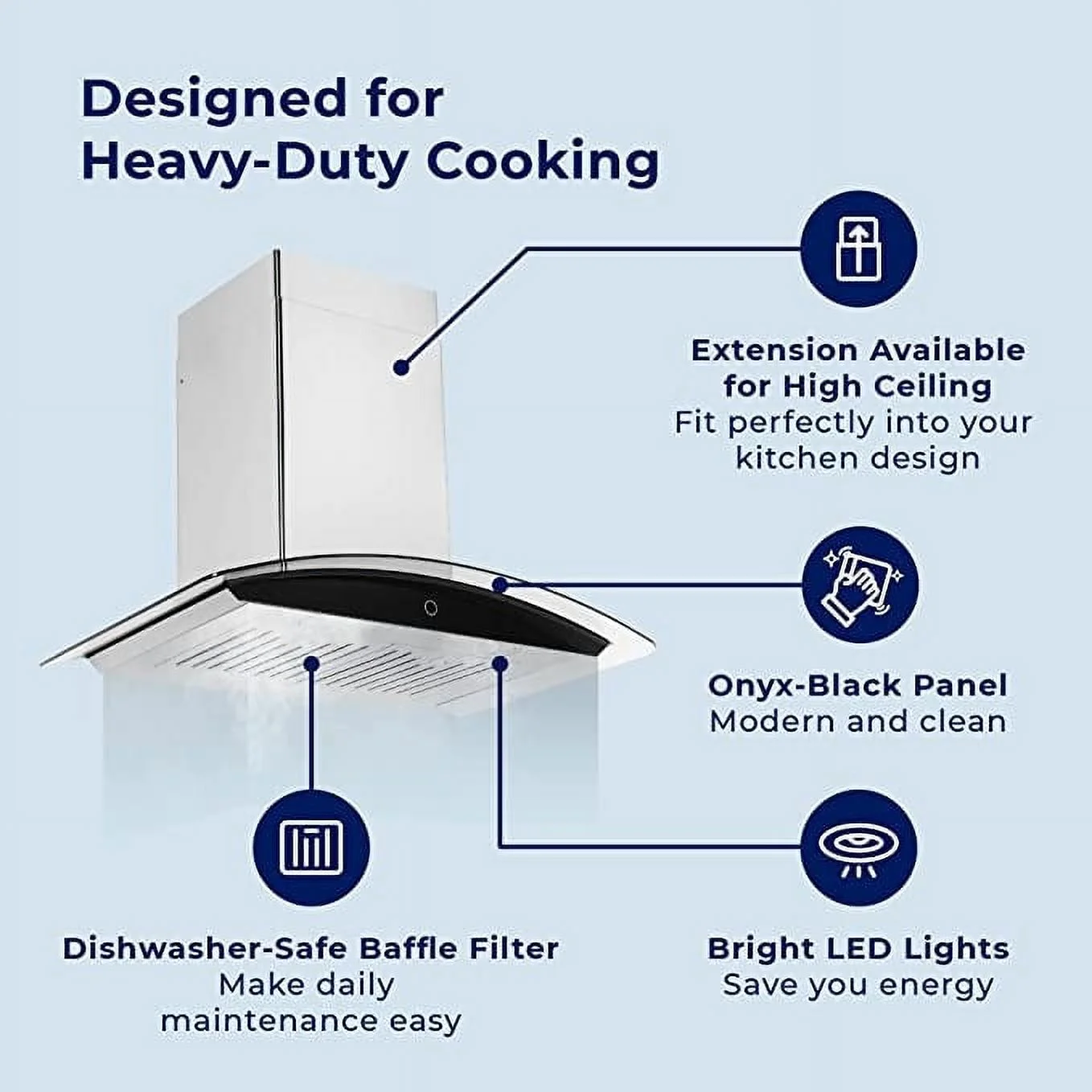 Hauslane Wall Mount Range Hood w/ Onxy Black Panel, 3 Speeds, LED, Baffle Filters, Convertible, Stainless Steel 30