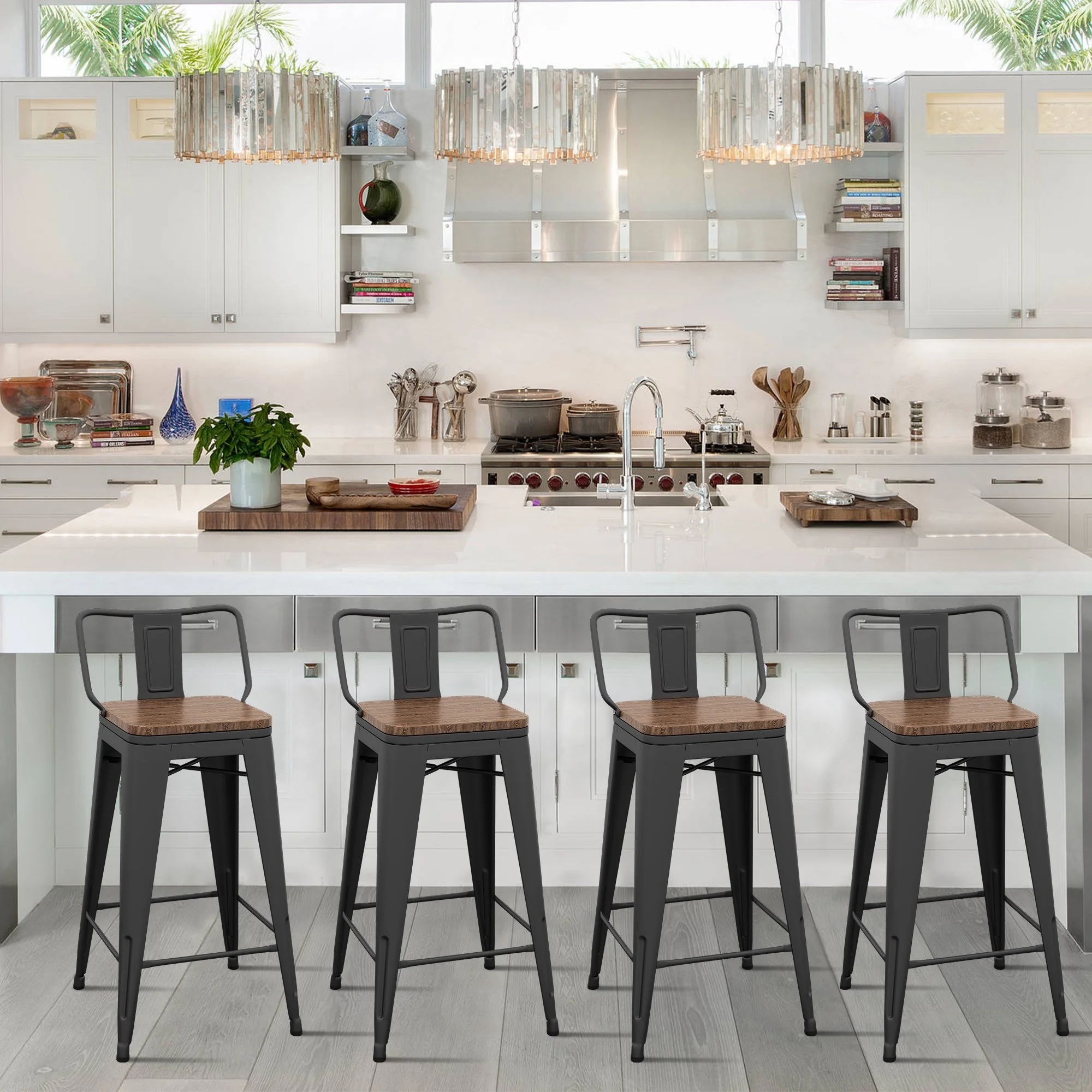 Andeworld 26' Metal Barstools Set of 4 Counter Height Bar Stools with Back (26' Seat Height, Wooden Top Low Back Matte Black)