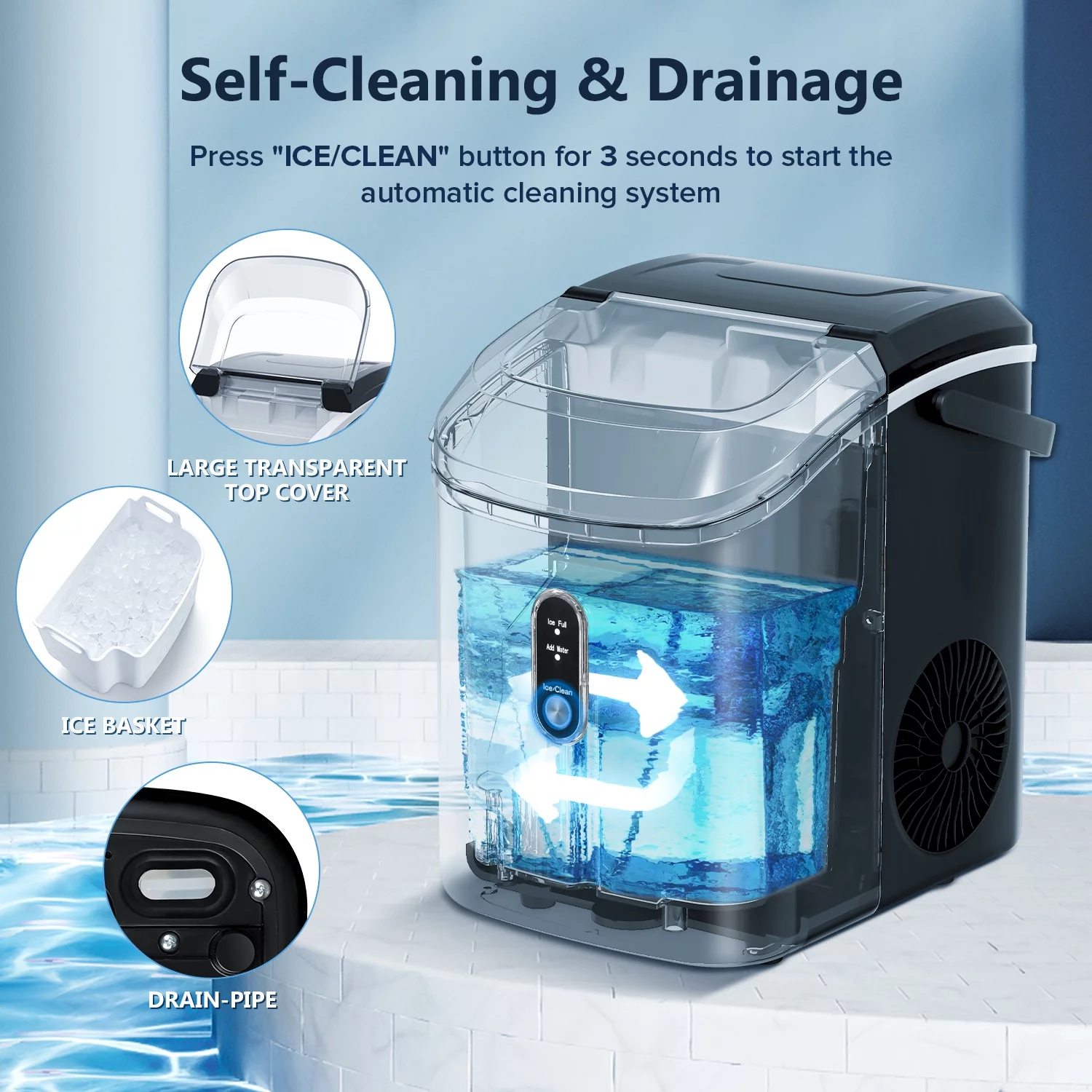 KISSAIR Portable Countertop Ice Maker, Pebble Ice Machine with Self-Cleaning, Nugget Ice,35lbs/24hrs,with Ice Basket/Ice Scoop-Black