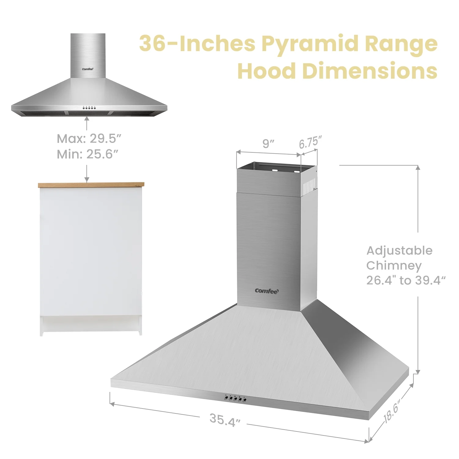 Comfee 36' Ductless/Ducted, Convertible, Pyramid Range Hood, Stainless Steel, CVP36W4AST