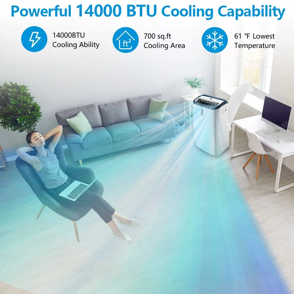 Auseo 10000 BTU?(14000 BTU?ASHRAE) Portable?Air?Conditioner, Cools to 700 Sq.ft Room, 3 in 1, with LED Display Remote Control, Window Kits, Universal Wheels