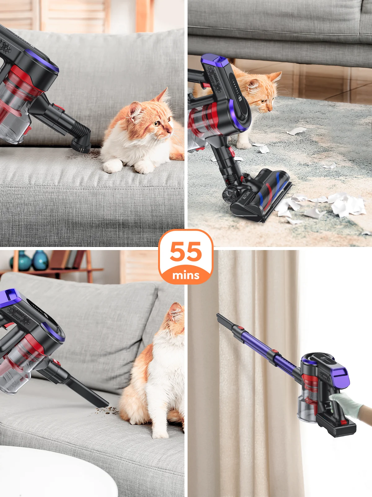 Buture Cordless Stick Vacuum Cleaner 55mins 450W 38Kpa with Touch Display Stick Vacuum for Home Pet Hair CarPets Hard Wood Floor Detachable Battery