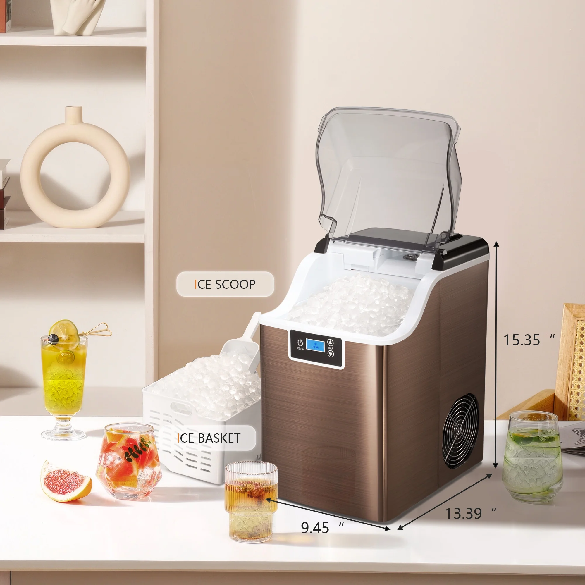 Besttey Countertop Ice Maker, Nugget Chewable Soft Ice, 44 lbs/24 H, Auto-Cleaning, Portable/Compact, w/ Basket & Scoop, Gold