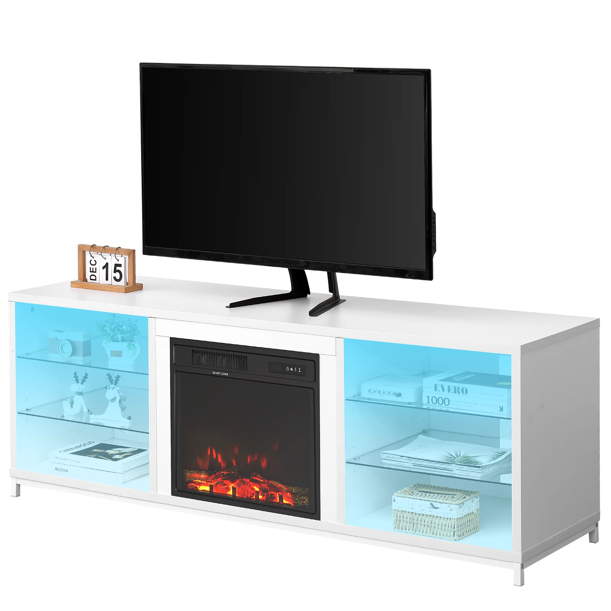 Fireplace TV Stand with 20' Electric Fireplace, Entertainment Center with Adjustable Glass Shelves, TV Console for TVs up to 65