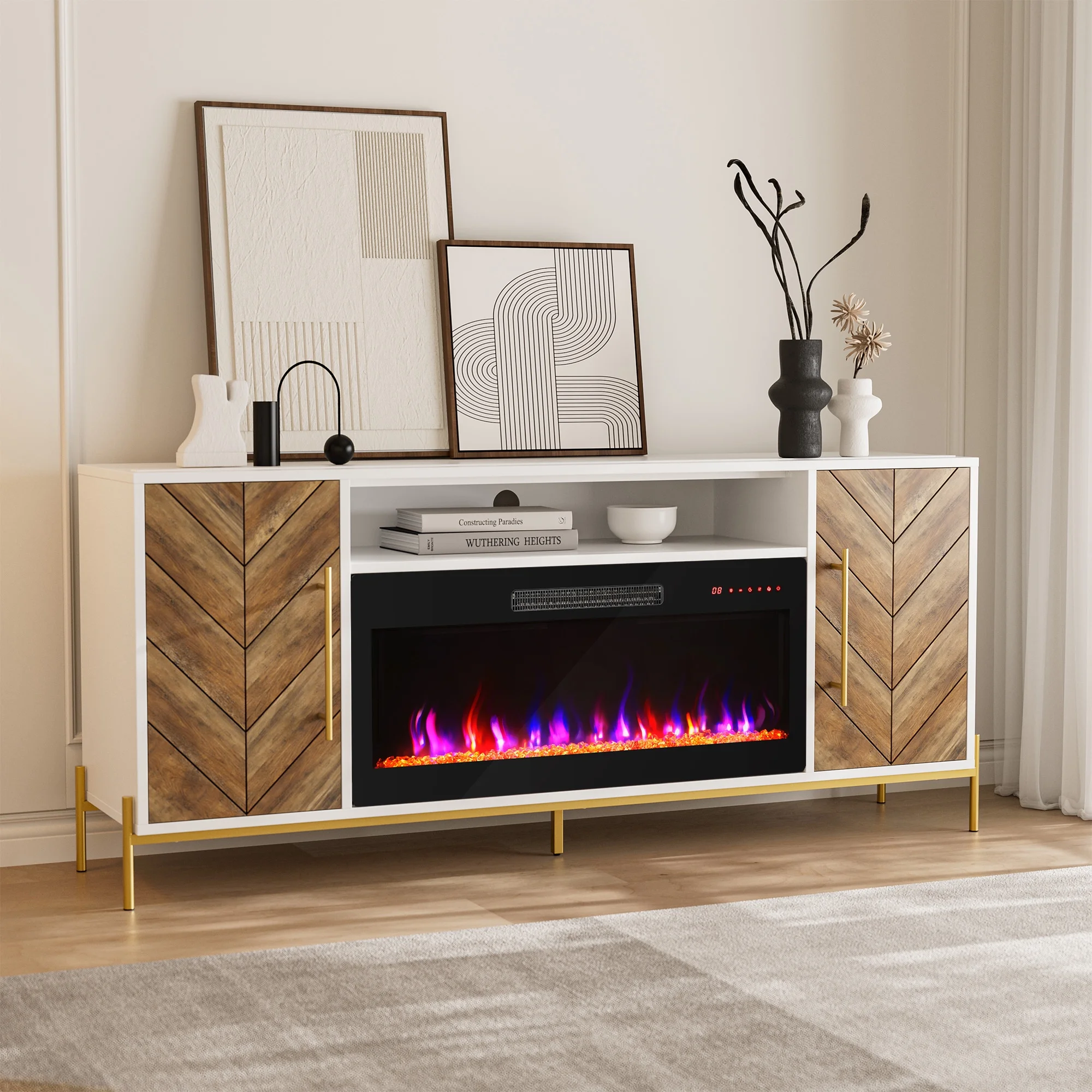 BELLEZE 68' Wood TV Stand with 36' Electric Fireplace, Entertainment Center with Storage Cabinet, Console Table for TVs up to 75 Inches, for Living Room, Bedroom - Harper (White Ebony)